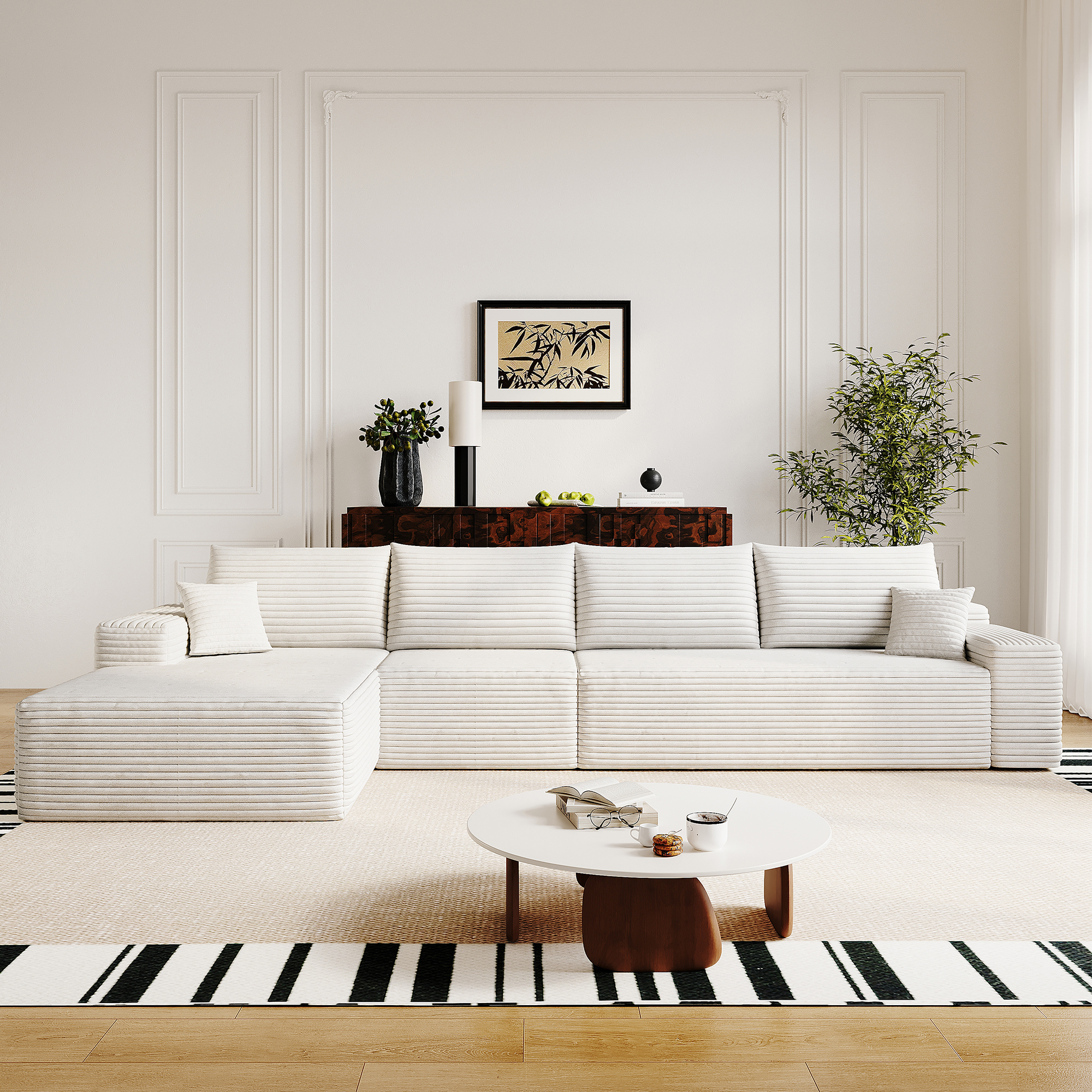135″ Cloud Sectional Couch with L-Shape Chaise,Modern Modular Sofa with Deep Seat, Upholstered Couches for Living Room Bedroom,No Assembly Required, (Plush Corduroy Fabric),White