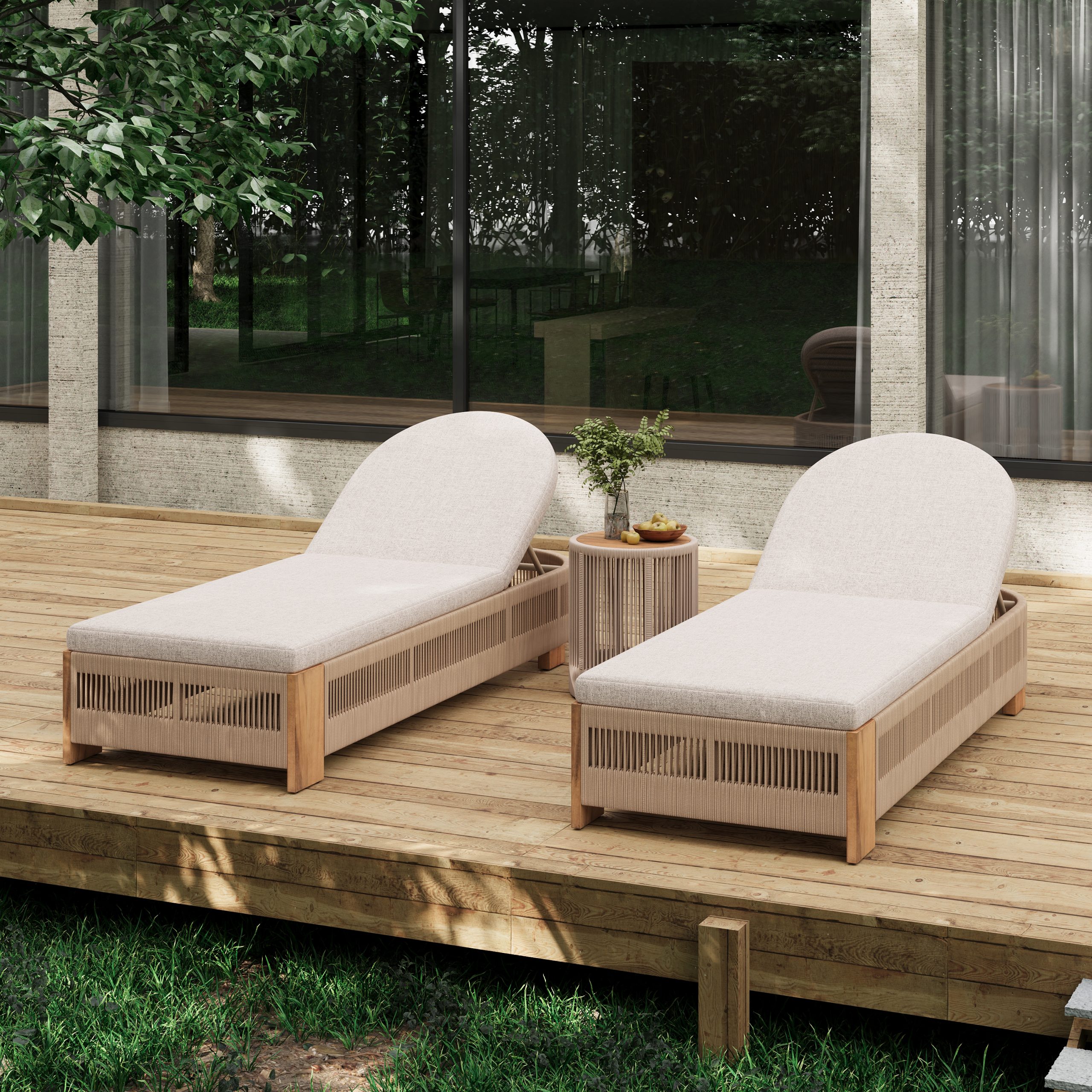 Outdoor Rope Chaise Lounge Set,Patio Lounge Chairs, Outside Poolside Lounge Furniture, Teak look wood Side Table and Beige Cushions, Chaise Lounge with Adjustable Backrest( Beige rope)