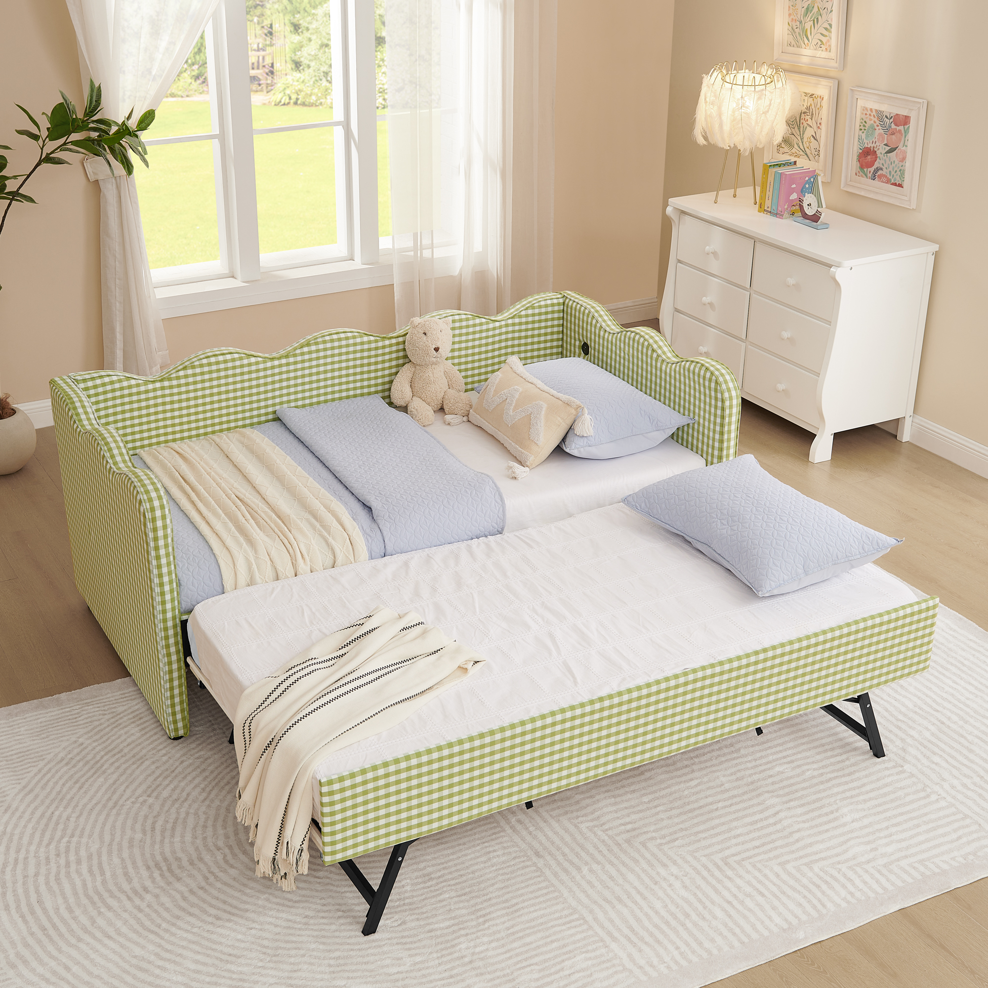 Cozy Gingham Daybed with Trundle Twin Size Sofa Bed No Box Spring Needed, with USB Port and Adorable Wave Shaped, Linen Fabric, Green