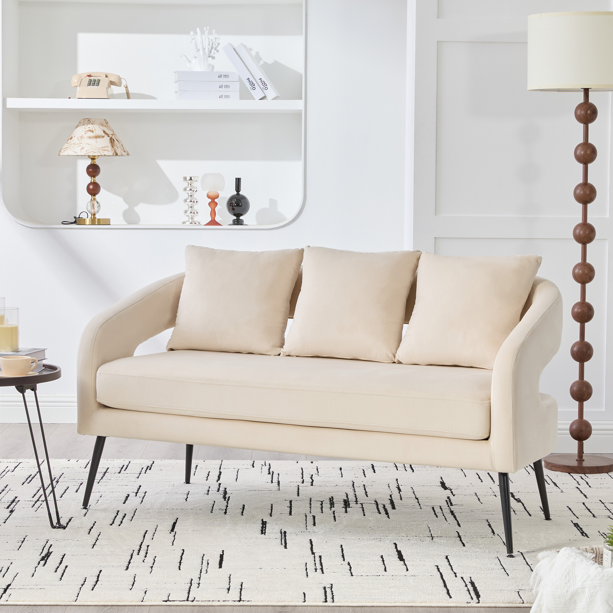 53.7″Modern Upholstered Velvet Open Back Loveseat Settee with 3 Pillows, Small Comfy Sofa 2-Seater Mini Sofa for Small Space with Metal Legs, Living Room Bedroom Office Dorm Studio Apartment, Beige