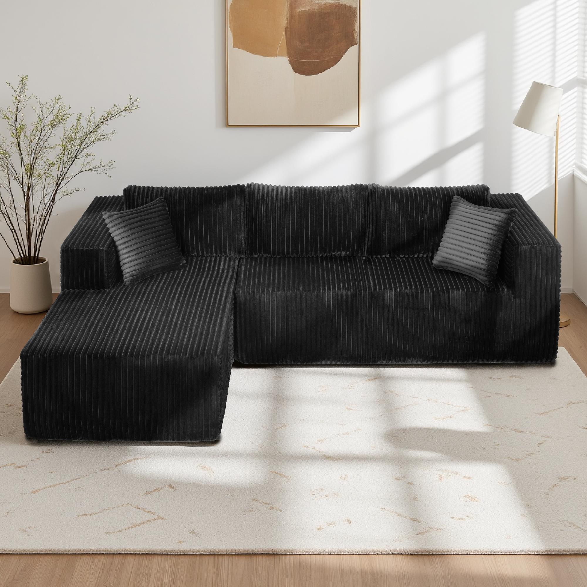 105″ L-Shaped Modular Compression Sofa, Plush Upholstery, All-Foam Structure (No Springs), Vacuum-Packed, Space-Saving for Living Room, Bedroom, Apartment (Right Chaise)
