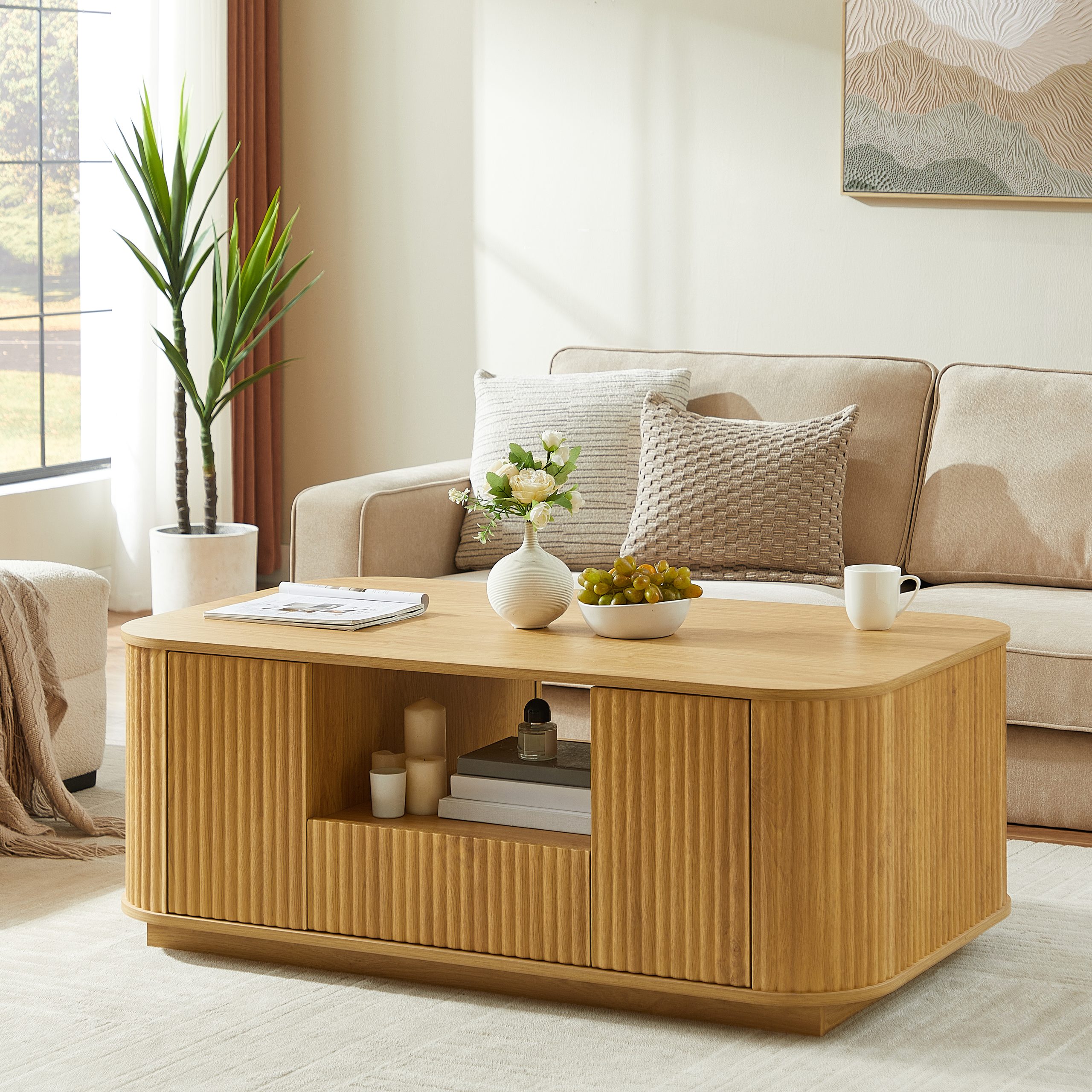 46.5″modern luxury oval coffee table with drawers and storage compartments, curved contour design, living room center coffee table, suitable for living rooms and offices, Natural, 46.5″L*27.2″W*17.7″H