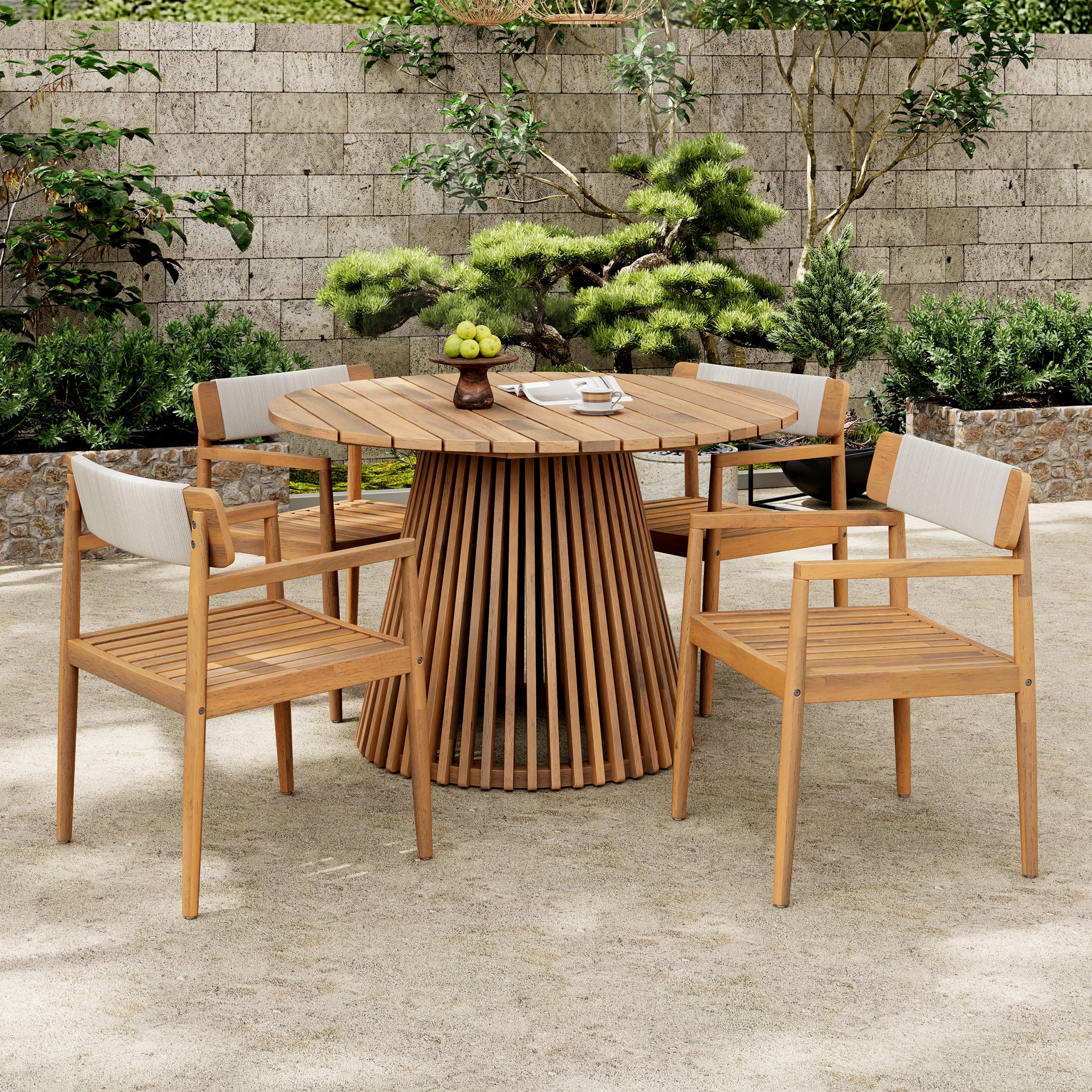 Patio Set Outdoor Acacia Wood Furniture Sets- Braided Dining Chairs Leisure Sets with Patio Dining Table for Garden, Patio & Deck (Teak Look & White Rope)