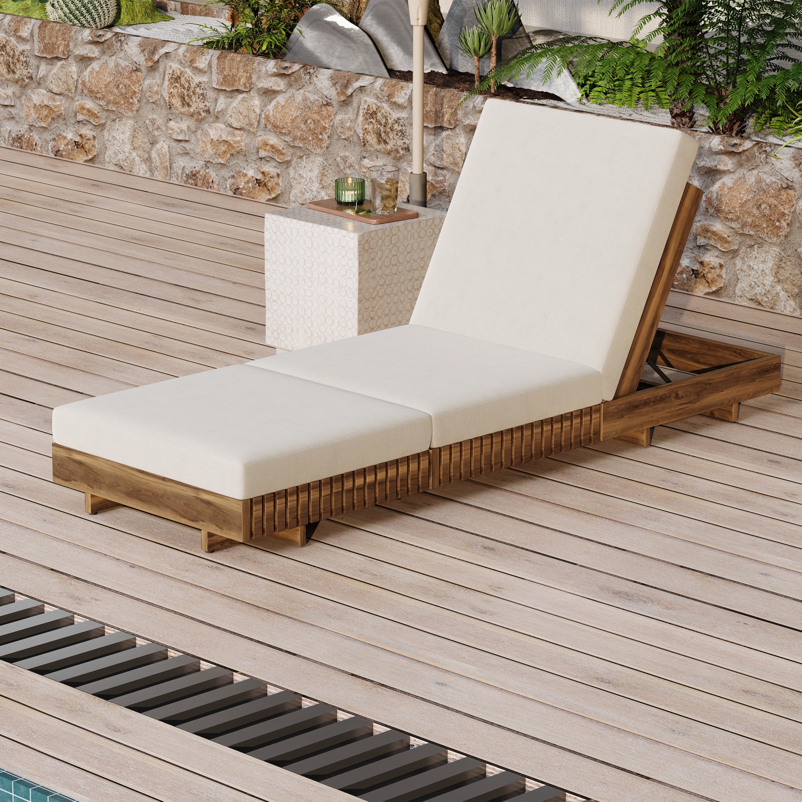 Lounge chaise Set, Acacia solid wood with  LOUNGE CUSHION (Cream+TRIPLE FOLDS) – Matching Dark Grey Version Available