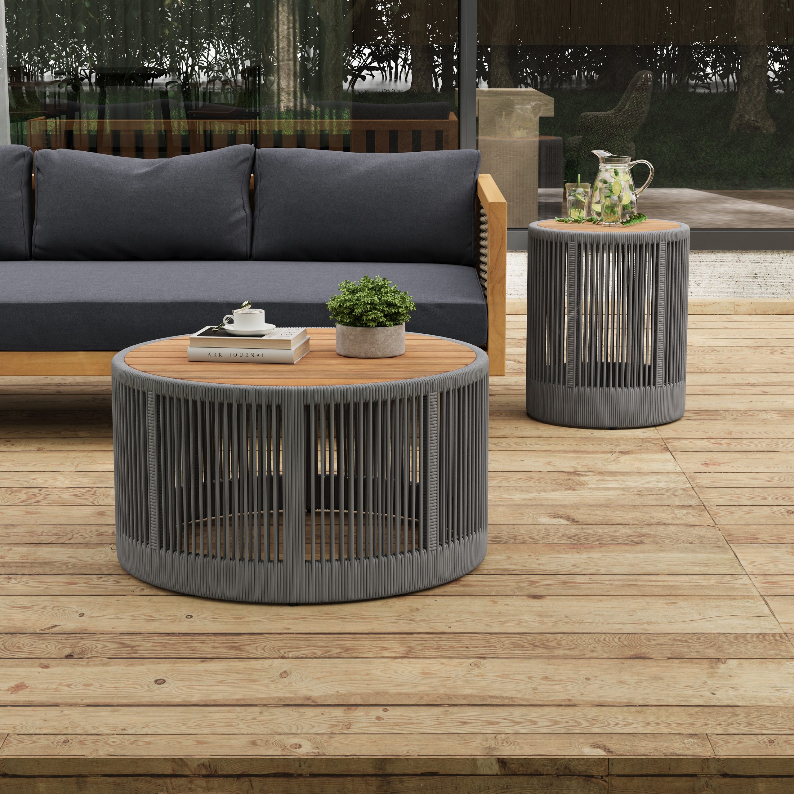 Rustic Industrial Table Set,Coffee Table & Side Table with Woven Rope Design, Modern Functionality Stylish Table Set for Living Room and Home Decor-Rope Grey