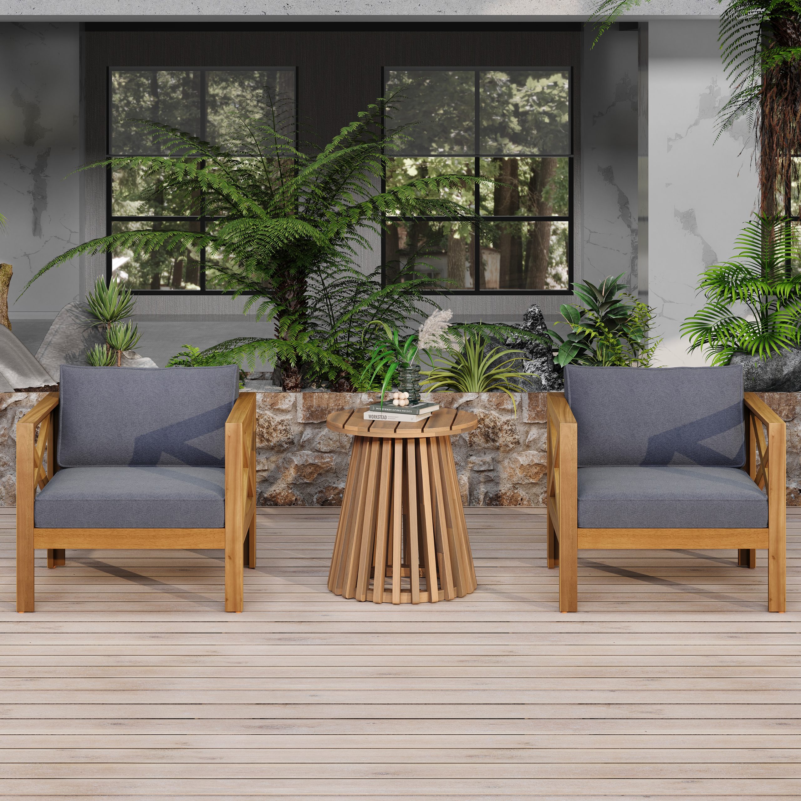 Patio Conversation Set, Outdoor Wood Leisure Seat(Set of 2),Armchair with Cushions,Acacia Wood Patio Side Table,for Backyard, Lawn, Balcony,Teak Finish,Dark Grey cushion