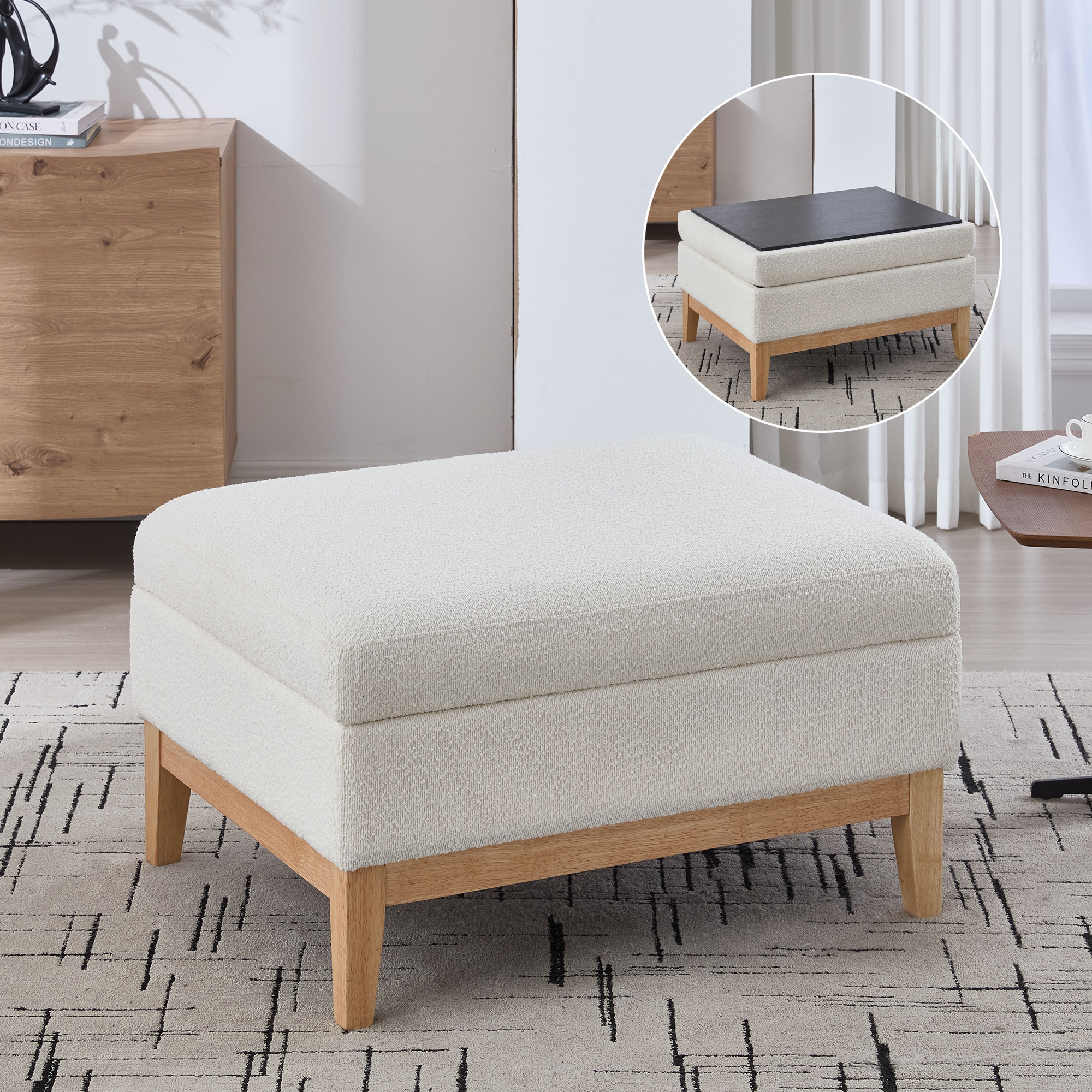 33.86″W Upholstered Wood Base Storage Ottoman With Reversible Lid Coffee Table, Foot Stool Square Footrest with Rubberwood Legs for Living Room Bedroom Entryway and Office, Ivory Boucle.