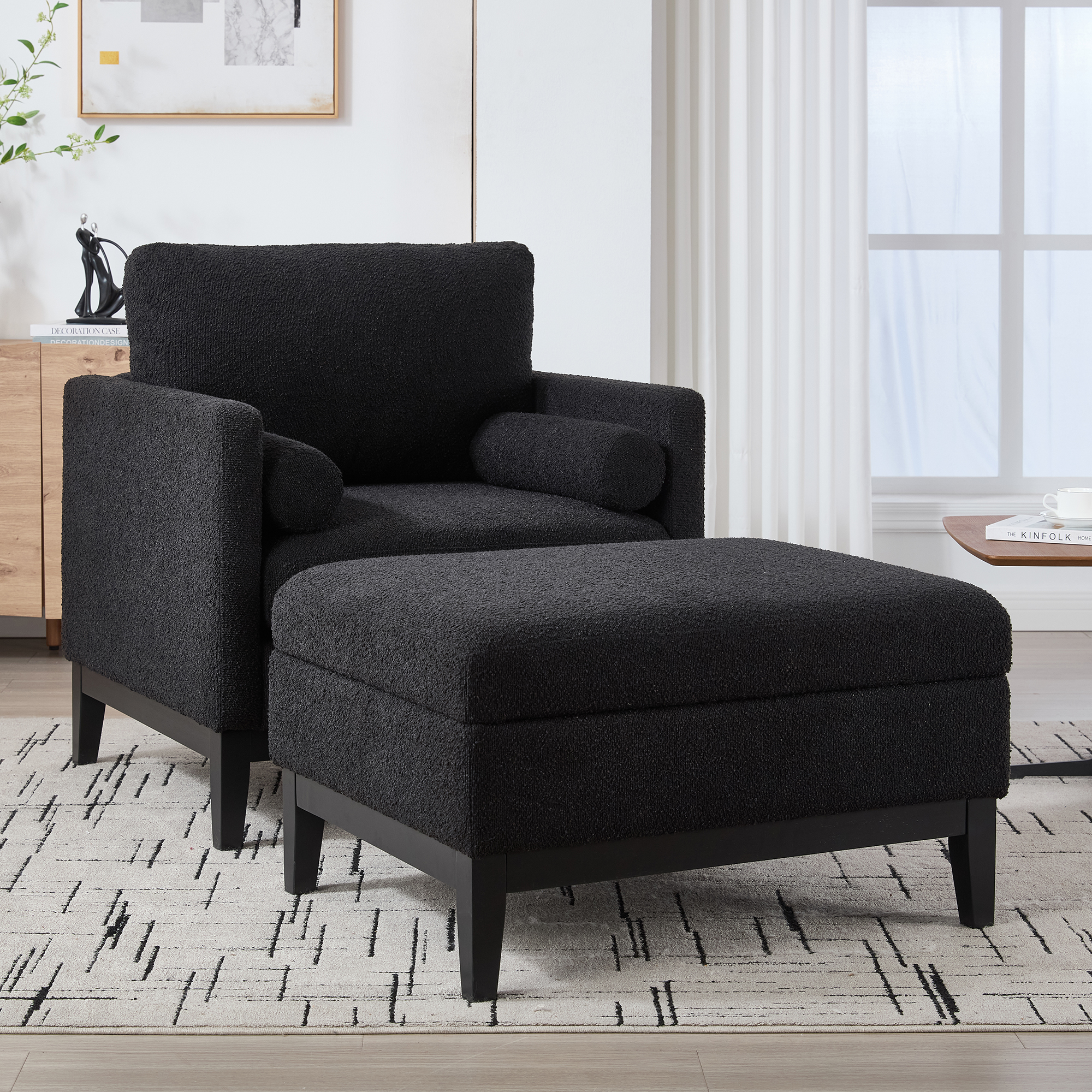 35.4 “Wide Farmhouse Performance Upholstered Wood Base Square Accent Arm Chair with Ottoman Black Finish Legs with Reversible Lid Coffee Table for Living Room Office and Lounge,Black Boucle