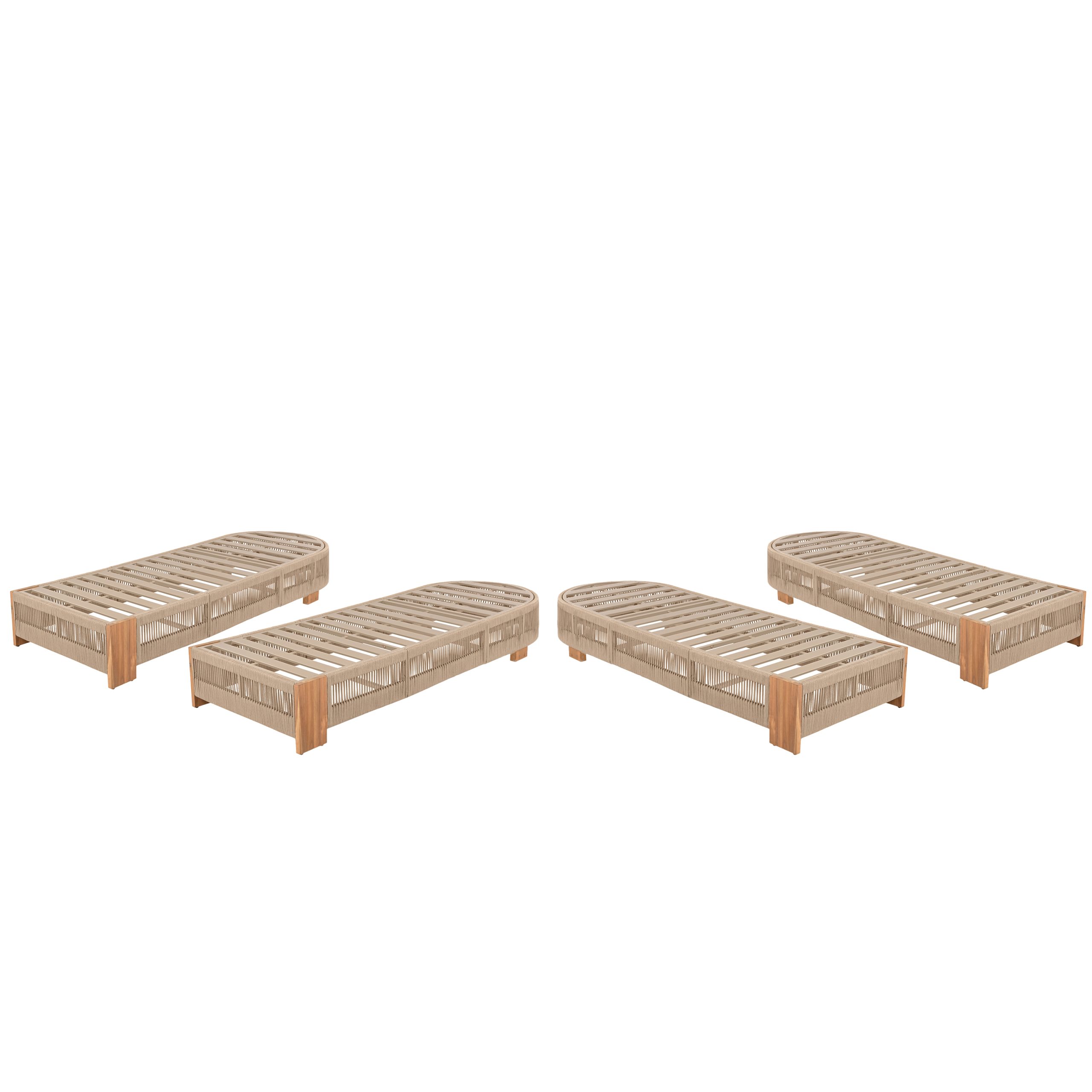 Outdoor Acacia Wood Patio Adjustable Lounge Chair Set of 4 – Uncushioned for Backyard Pool Garden – Beige rope & Natural iron