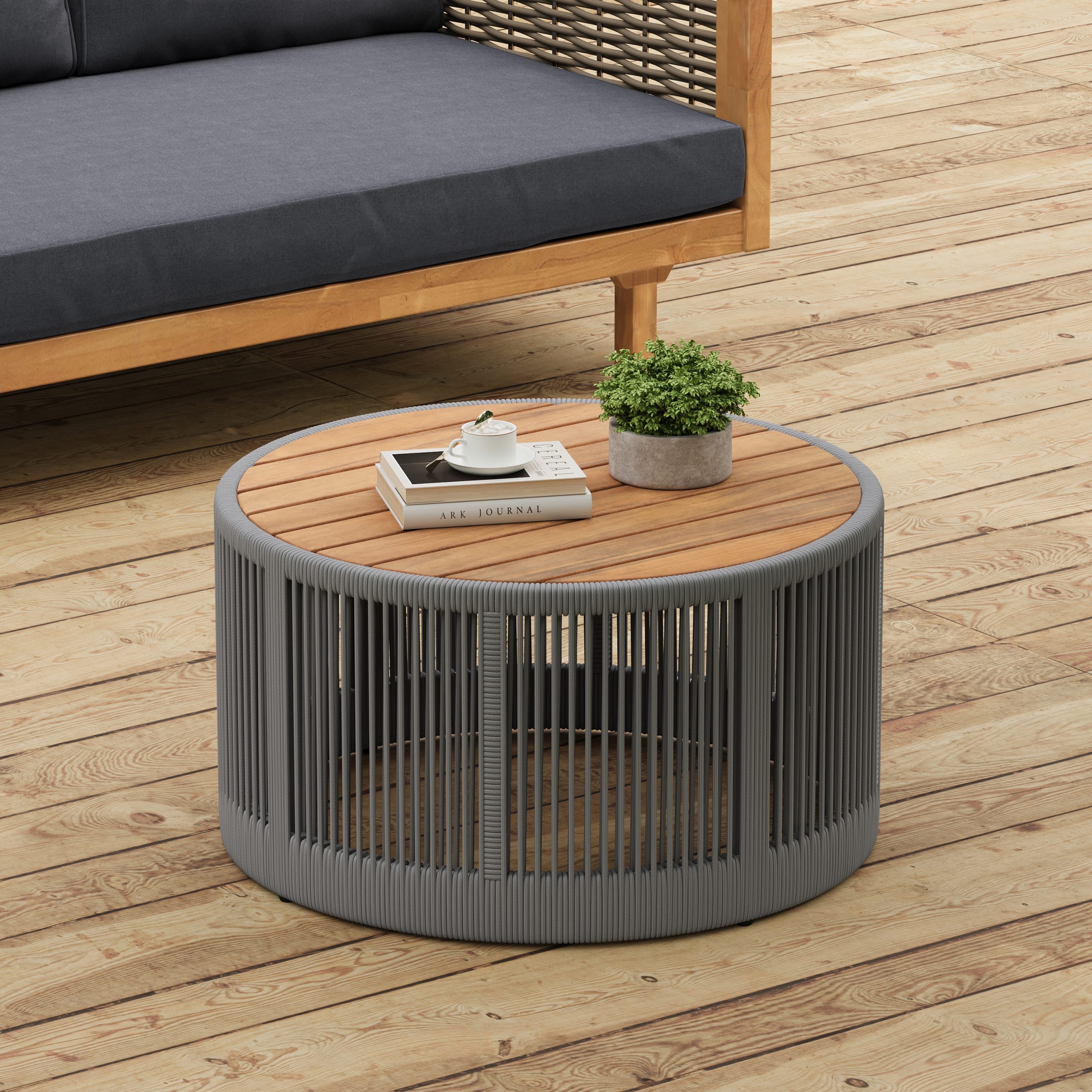 Outdoor Rattan rope & Acacia Wood Coffee Table – Patio Balcony Furniture for Garden, Yard, Balcony – Weather Resistant (Rope Grey, Natural Iron)