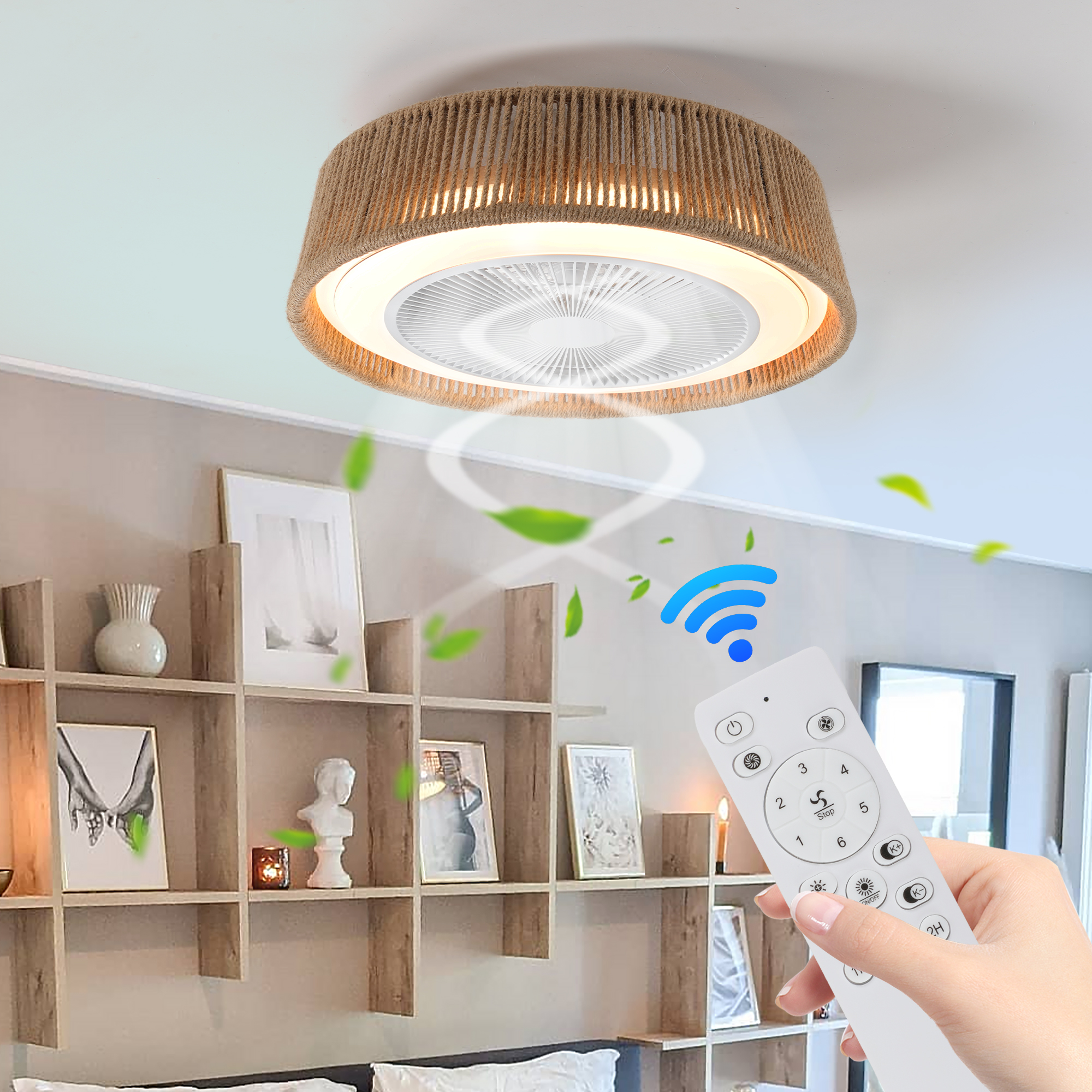 (Same as W1340137055/L10003) 21″ Bohemian Braided Ceiling Fan Light, Silent Remote Control with Timing Function, Adjustable Color Temperature, Suitable for Bedroom and Living Room
