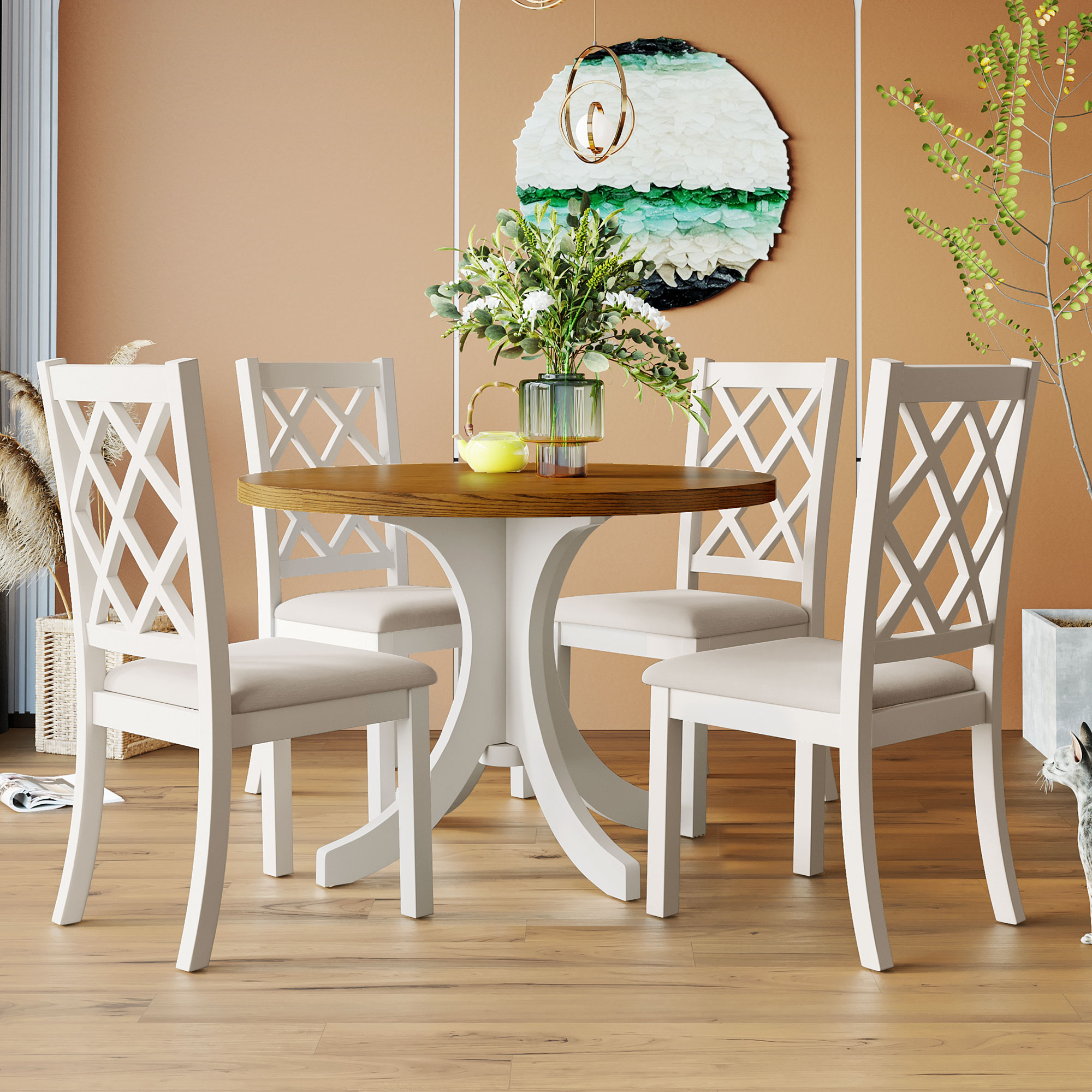 TOPMAX Mid-Century Solid Wood 5-Piece Round Dining Table Set, Kitchen Table Set with Upholstered Chairs for Small Places, Walnut Table+Beige Chair (old sku:SH000226AAD)