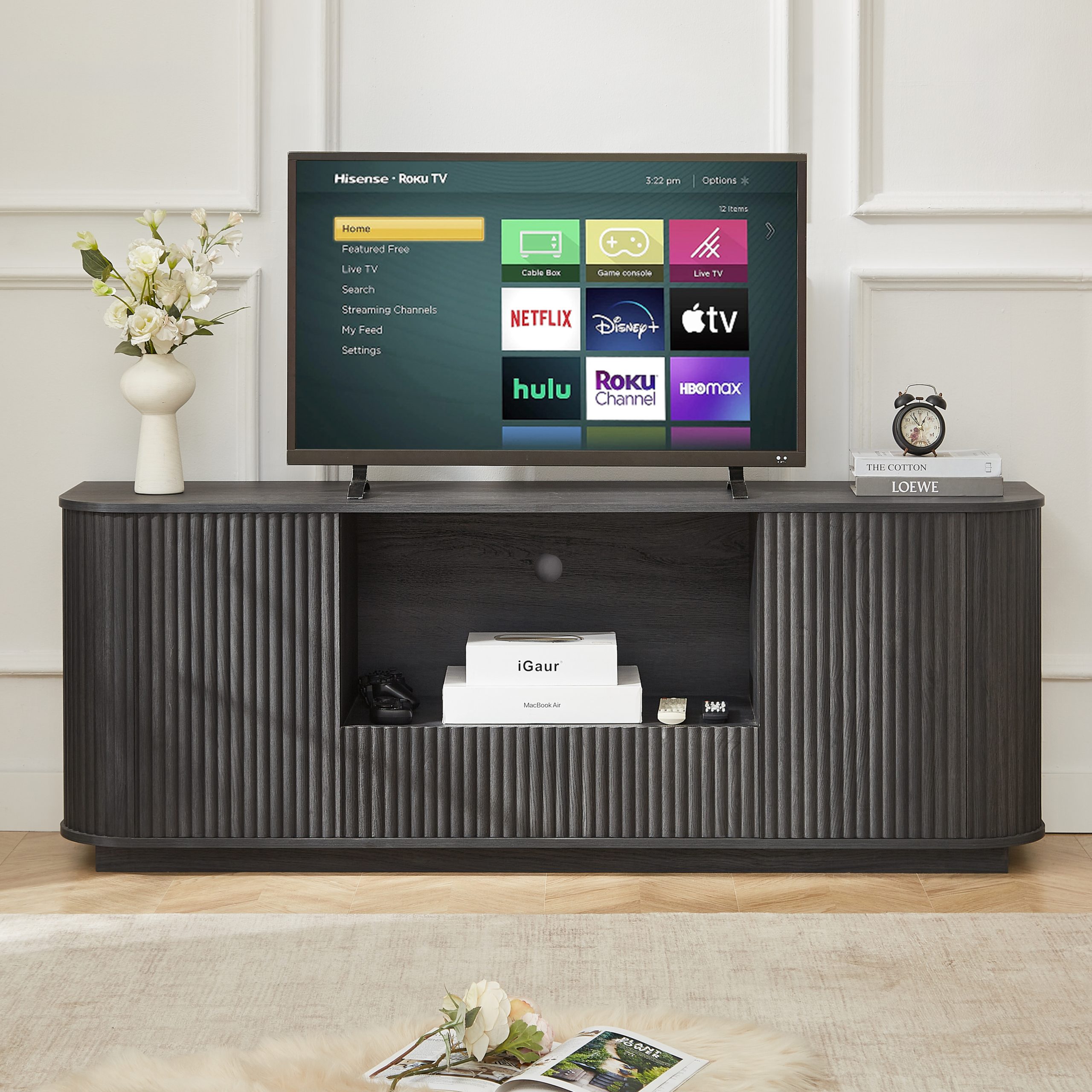 64-Inch Wavy TV Stand, Rounded Sideboard, Storage Cabinet, Wooden Vertical Stripe Cabinet for Living Room/Bedroom/Entryway. Black,64”W x 15”D x 24”H.