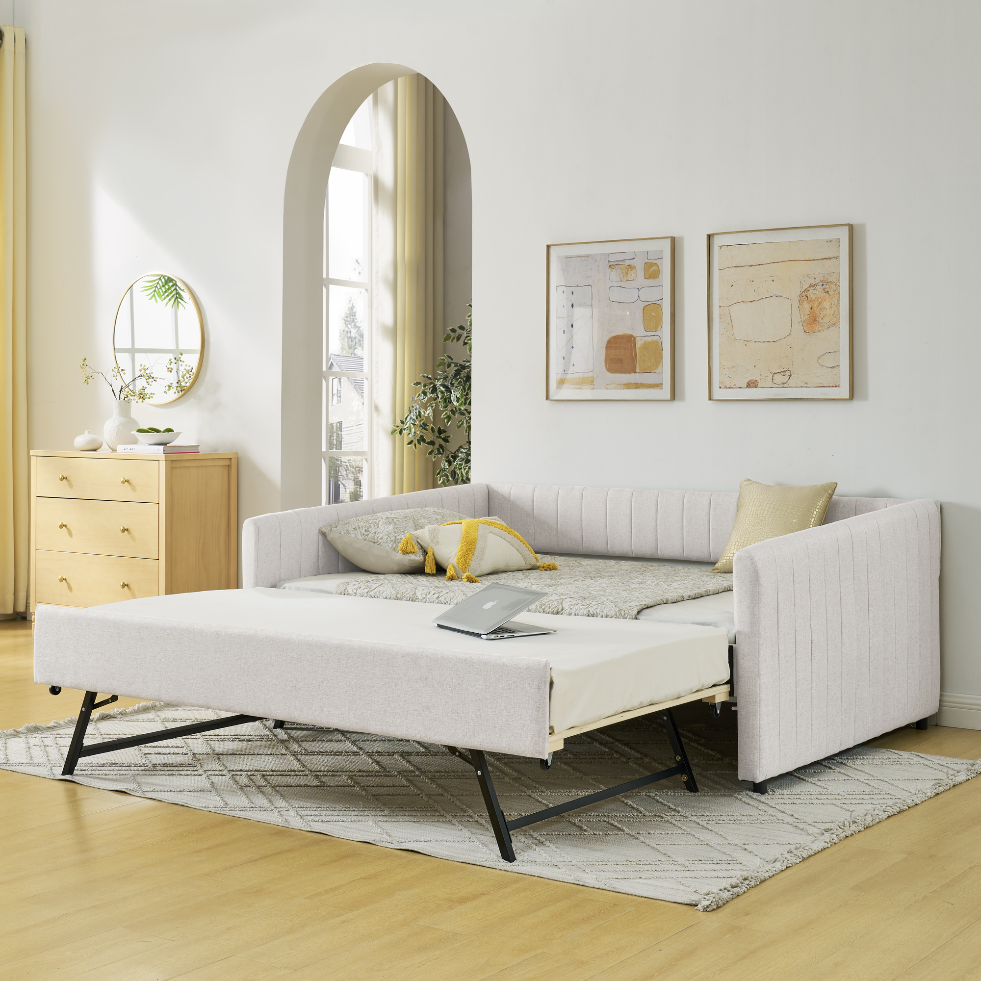 Full Size Daybed with Trundle Upholstered Sofa Bed, with Vertical Stripes, Linen Fabric, Beige (82.5″x58″x30″)