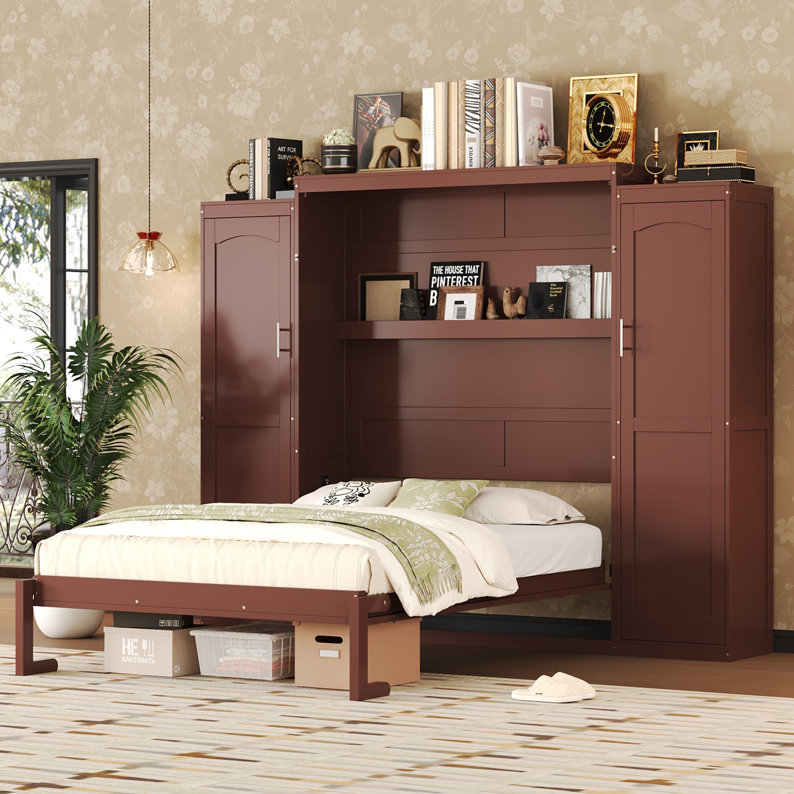 Full Size Murphy Bed, Wooden Full Wall Bed with 2 Wardrobe and Storage Shelf, Multifunctional Foldable Platform Bedframe for Guest-Room, Bedroom, Walnut