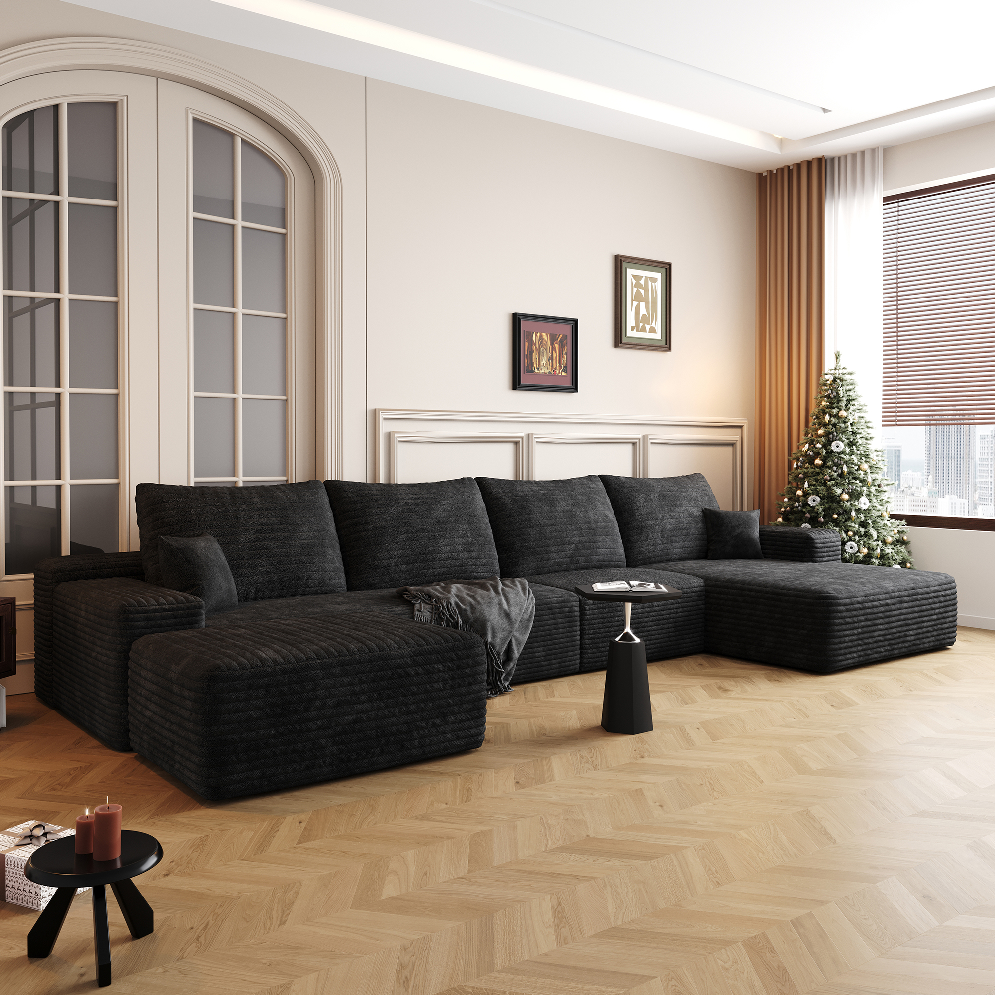 135″ Cloud Sectional Sofa with 1 Ottoman,Modern Minimalist Upholstered Couches, Comfort U Shaped Sofa for Living Room,Deep Seat Corner Couch,No Assembly Required,Balck (Plush Corduroy Fabric)