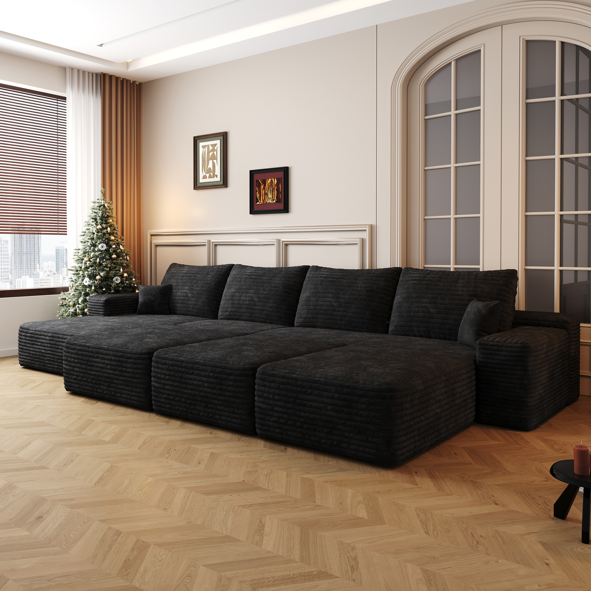 135″Large size modular cloud sofa 6 seats down sofa bed apartment living room sofa ,No Assembly Required,Black(Plush Corduroy Fabric)