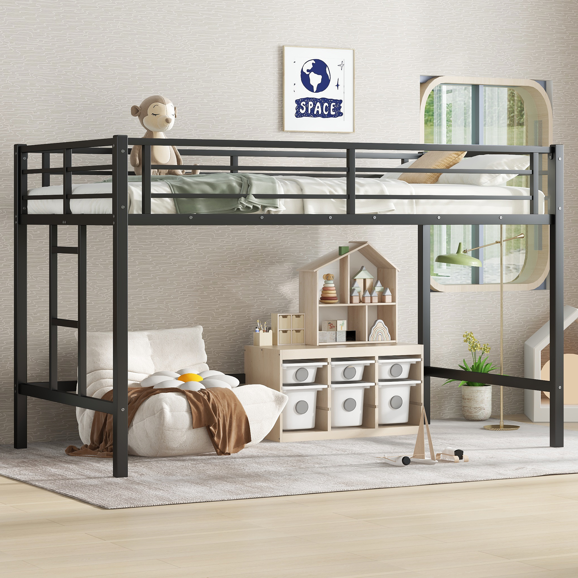 Twin Size Metal Loft Bed, Loft Bed with Easy Climbing Ladder and Guardrails for Kids, Black