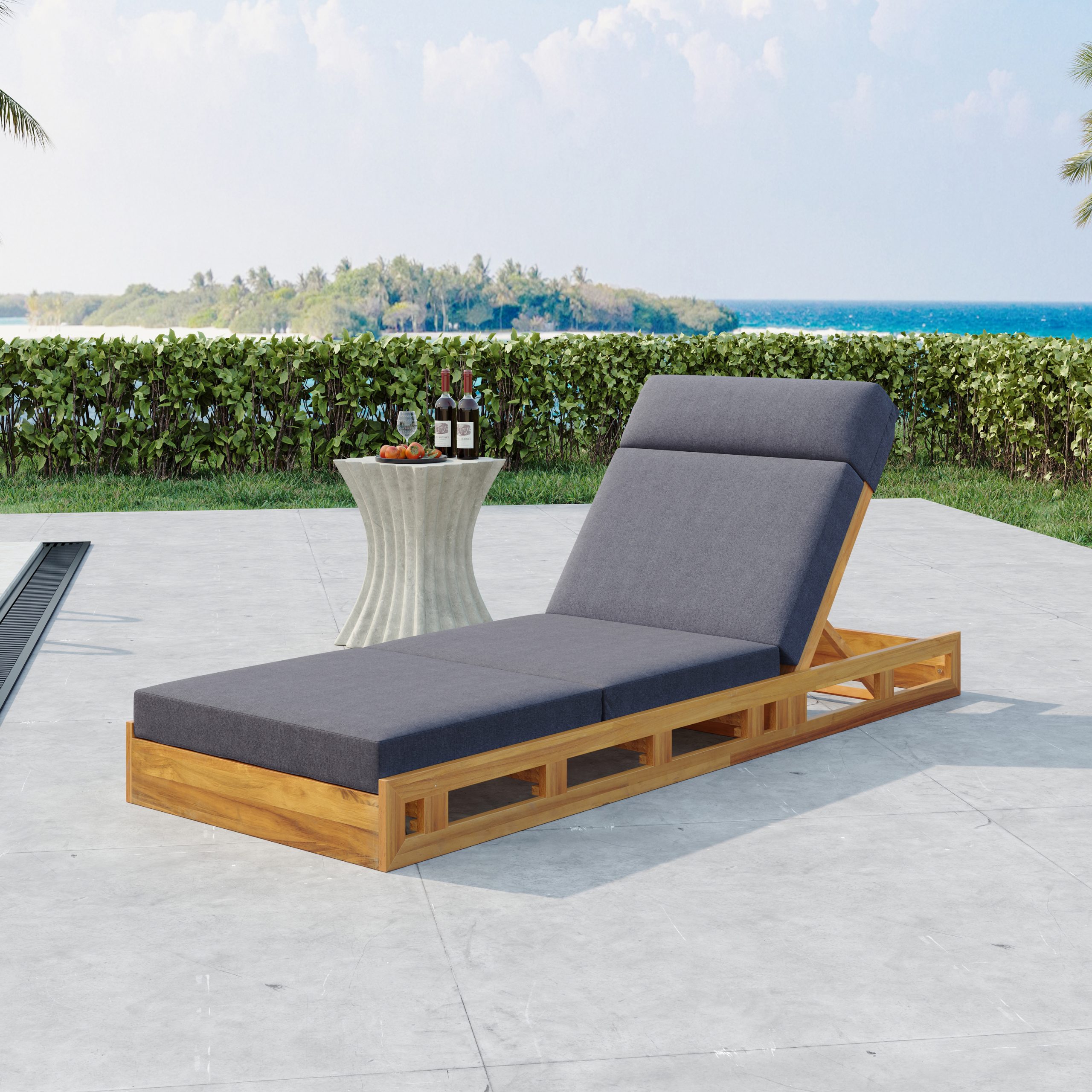 LOUNGE CHAISE SET WITH HEADREST, ACACIA WOOD WITH WATER-RESISTANT LOUNGE CUSHIONS (DARK GREY & 3-FOLD & 4 inch) – MATCHING CREAM/BEIGE VERSION AVAILABLE