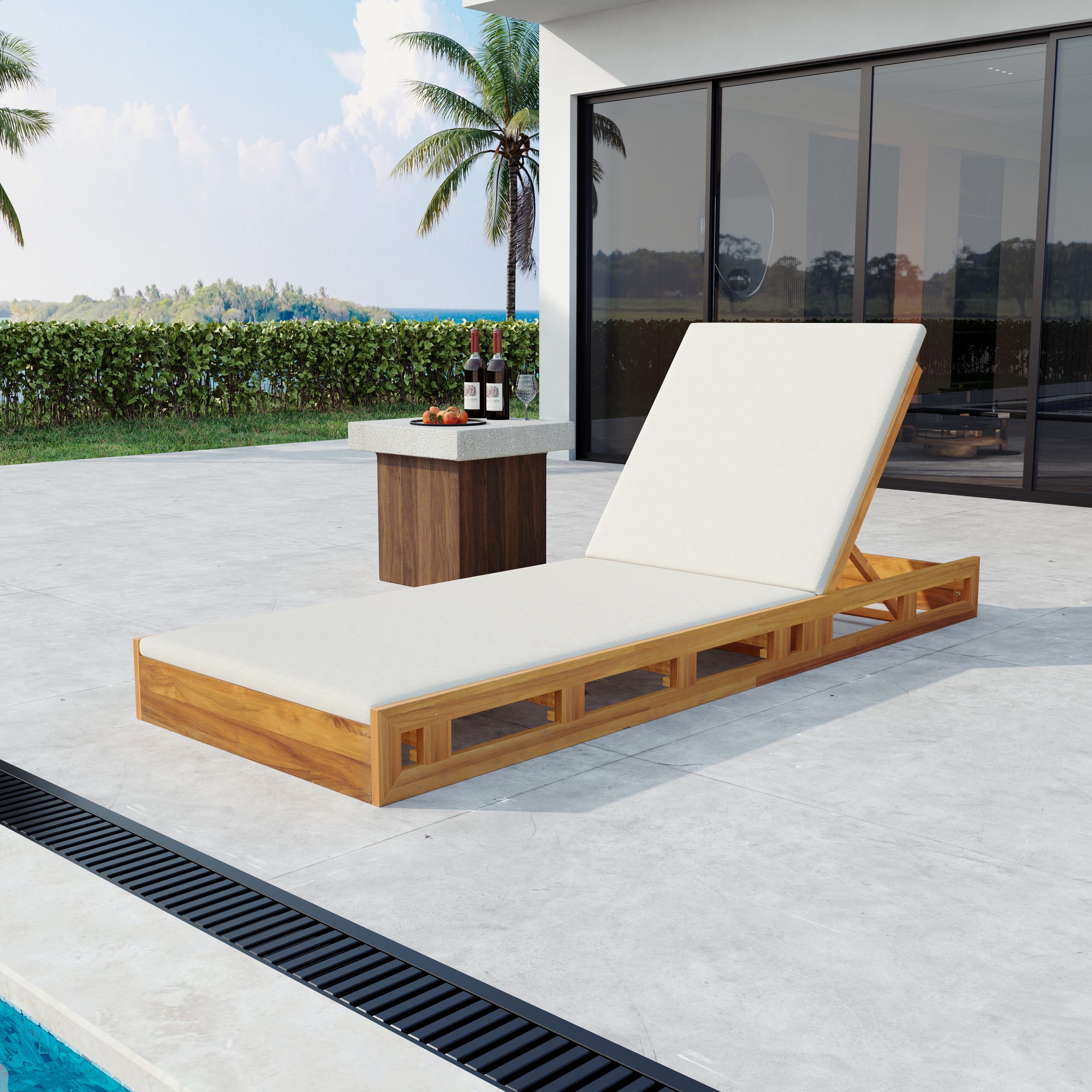 LOUNGE CHAISE SET,ACACIA WOOD WITH WATER-RESISTANT LOUNGE CUSHIONS (CREAM & 2 INCH THICK) – MATCHING DARK GREY/LEAF COCONUT VERSION AVAILABLE