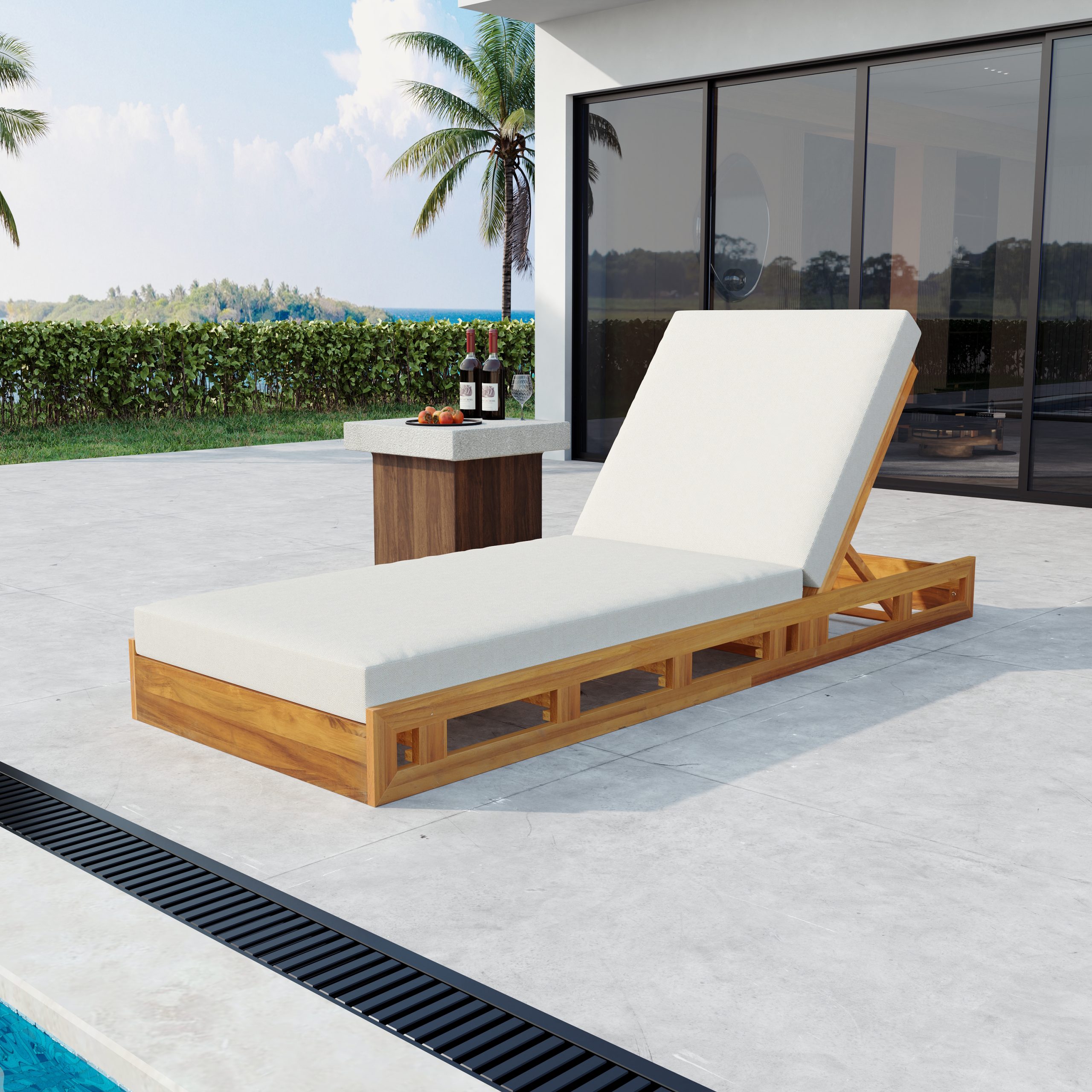 LOUNGE CHAISE SET, ACACIA WOOD WITH WATER-RESISTANT LOUNGE CUSHIONS (CREAM & 4 INCH THICK) – MATCHING DARK GREY VERSION AVAILABLE