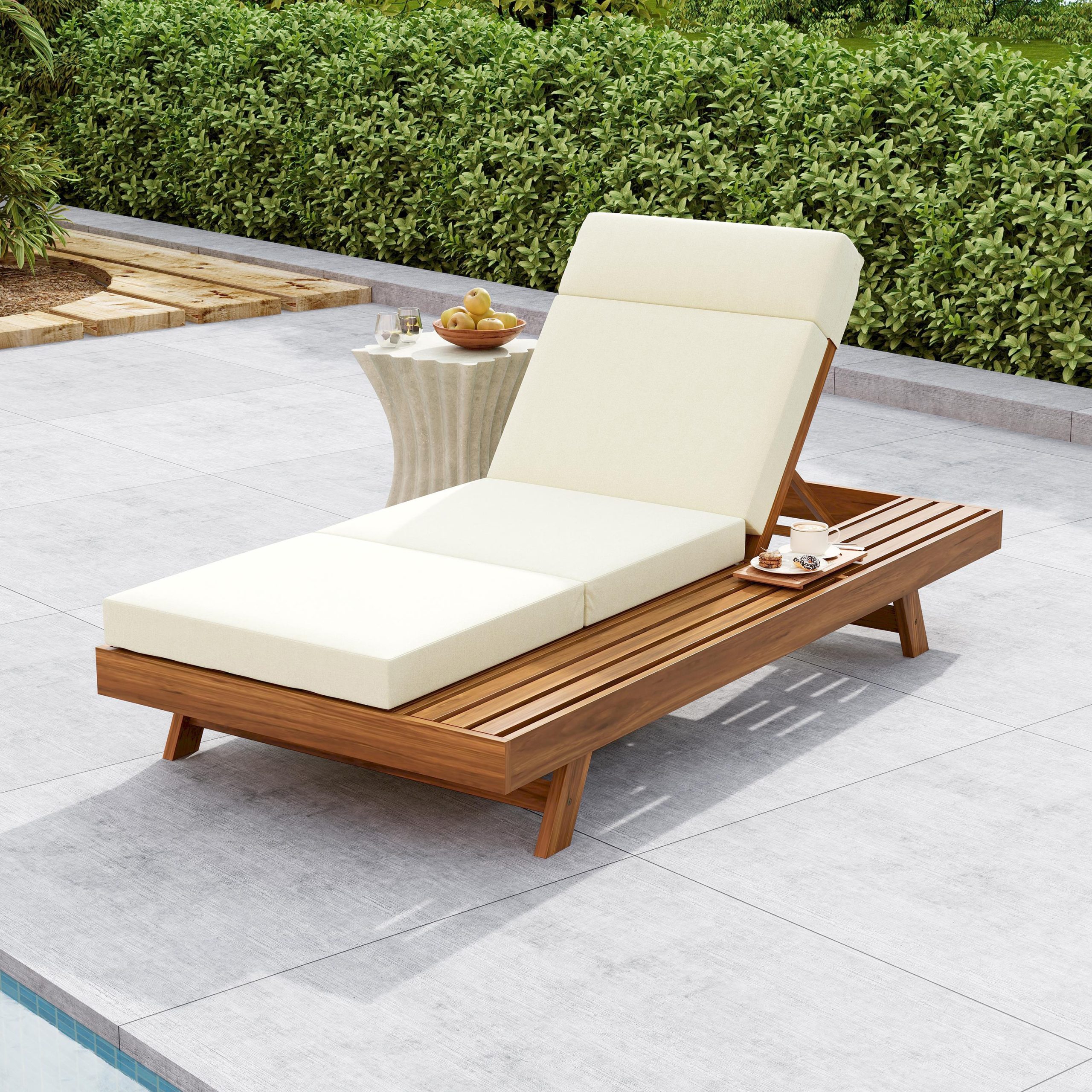 LOUNGE CHAISE SET WITH HEADREST, SPACE AVAILABLE ON ONE SIDE,ACACIA WOOD WITH WATER-RESISTANT LOUNGE CUSHIONS (BEIGE & 3-FOLD & 4 inch) – MATCHING DARK GREY/CREAM VERSION AVAILABLE