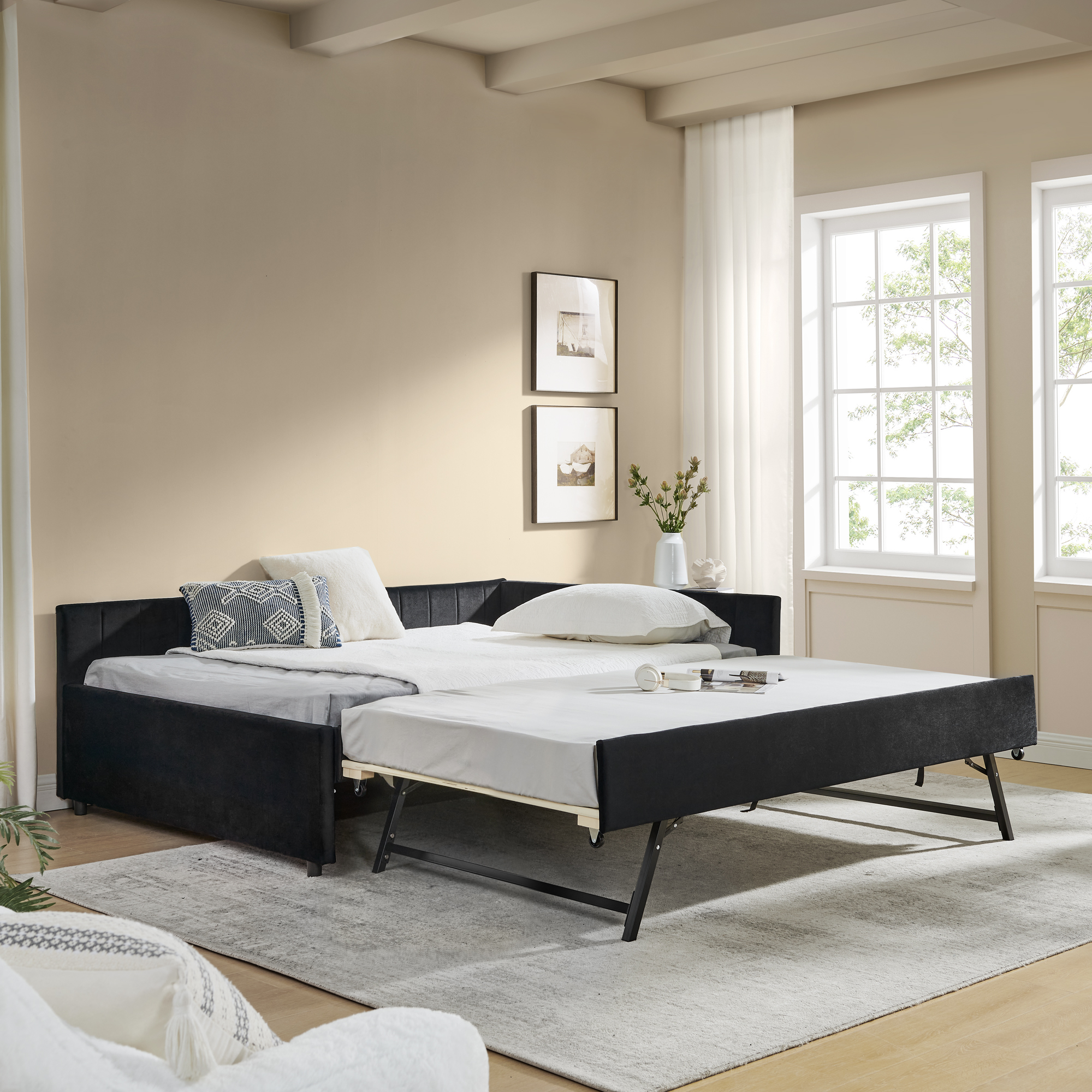 Full Size Daybed with Trundle Upholstered Tufted Sofa Bed, Sofa Bed Frame with Comfortable Backrest and Armrests, Velvet, Black(79.5”x58”x25”)