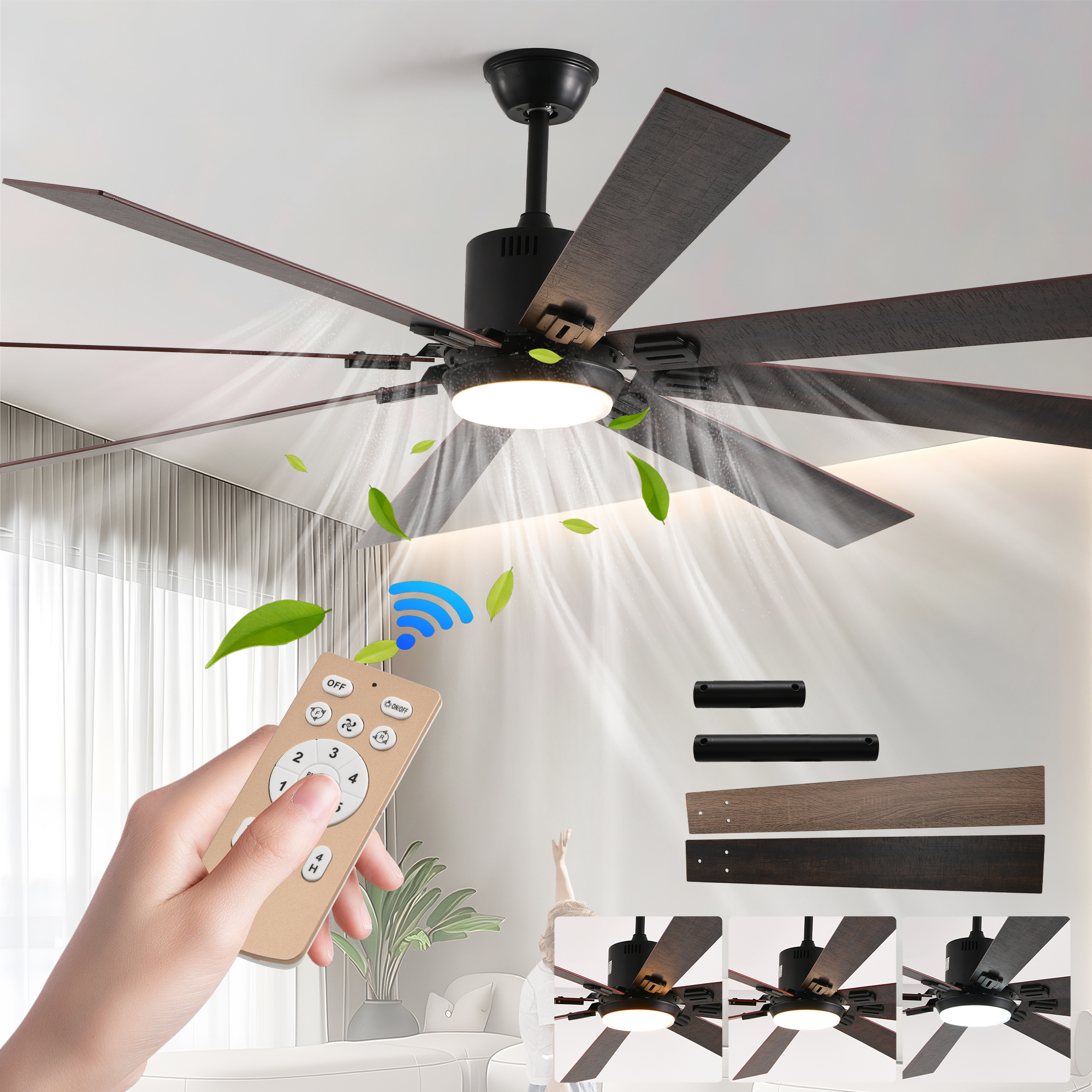 72″ Walnut LED Ceiling Fan Light with 8 Wooden Blades, Remote Control, Adjustable Color Temperature for Living Room, Bedroom, or Dining Room (Silent/6-Speed/Reversible/DC Motor)