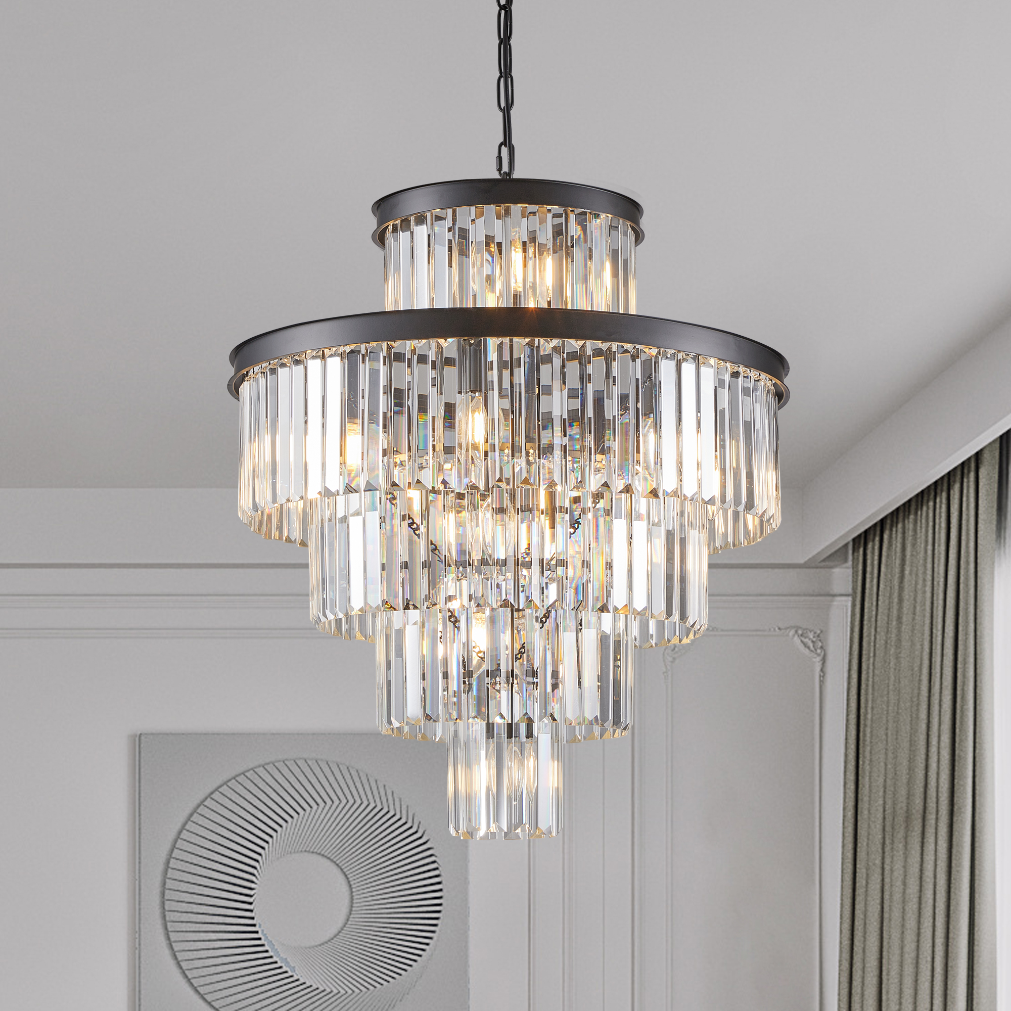 (Same as W1340P188535/L5002-600-B) 24″ Luxury Crystal Chandelier with Black Finish – Elegant 15-Light 5 Tier Pendant Light Fixture for Living Room, Dining Room, or Entryway (Bulb Not Included)