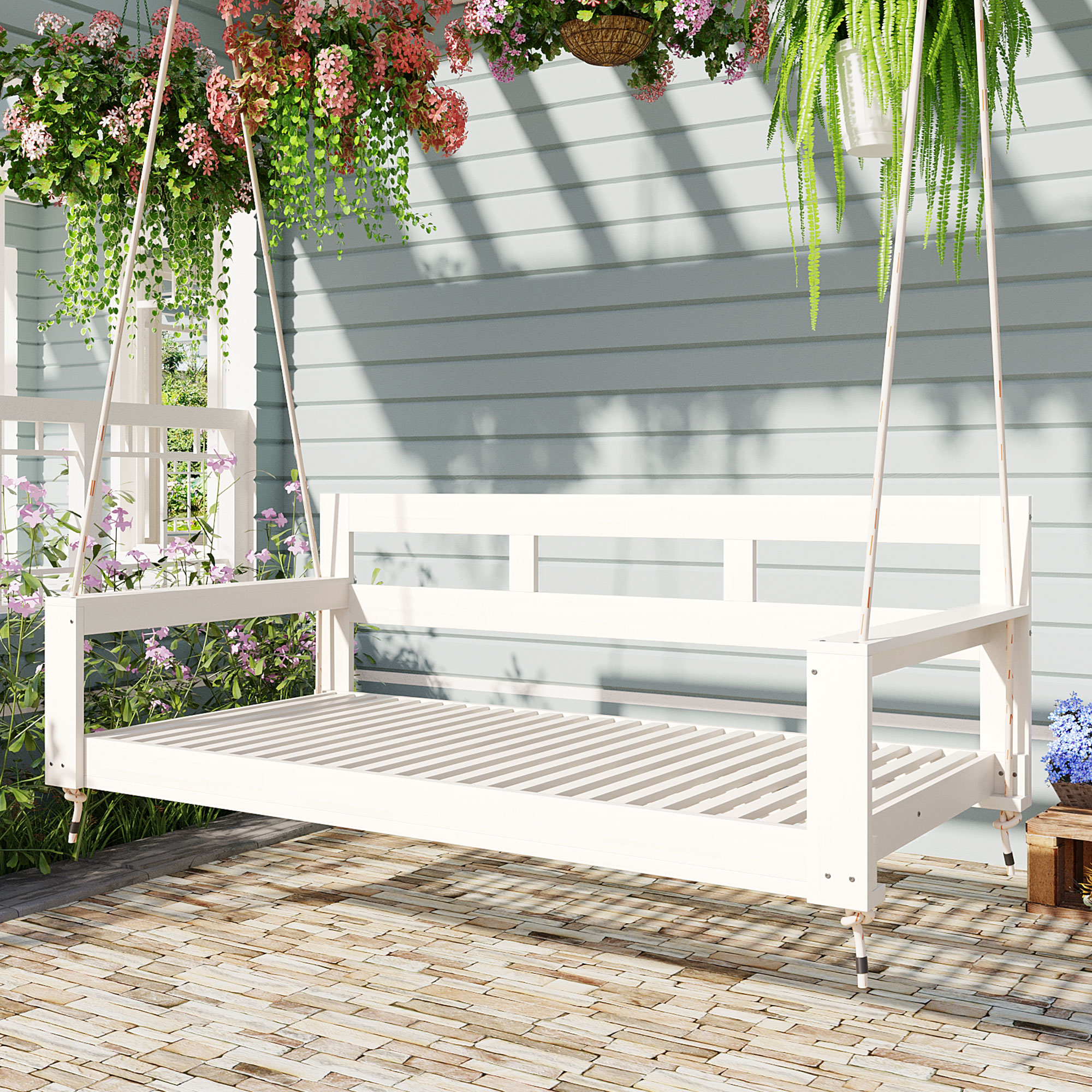 TOPMAX Patio Wooden Twin Size Porch Swing Daybed Frame, Garden Swing Bench Chair with 4 Hanging Ropes for Backyard,Outdoor,White