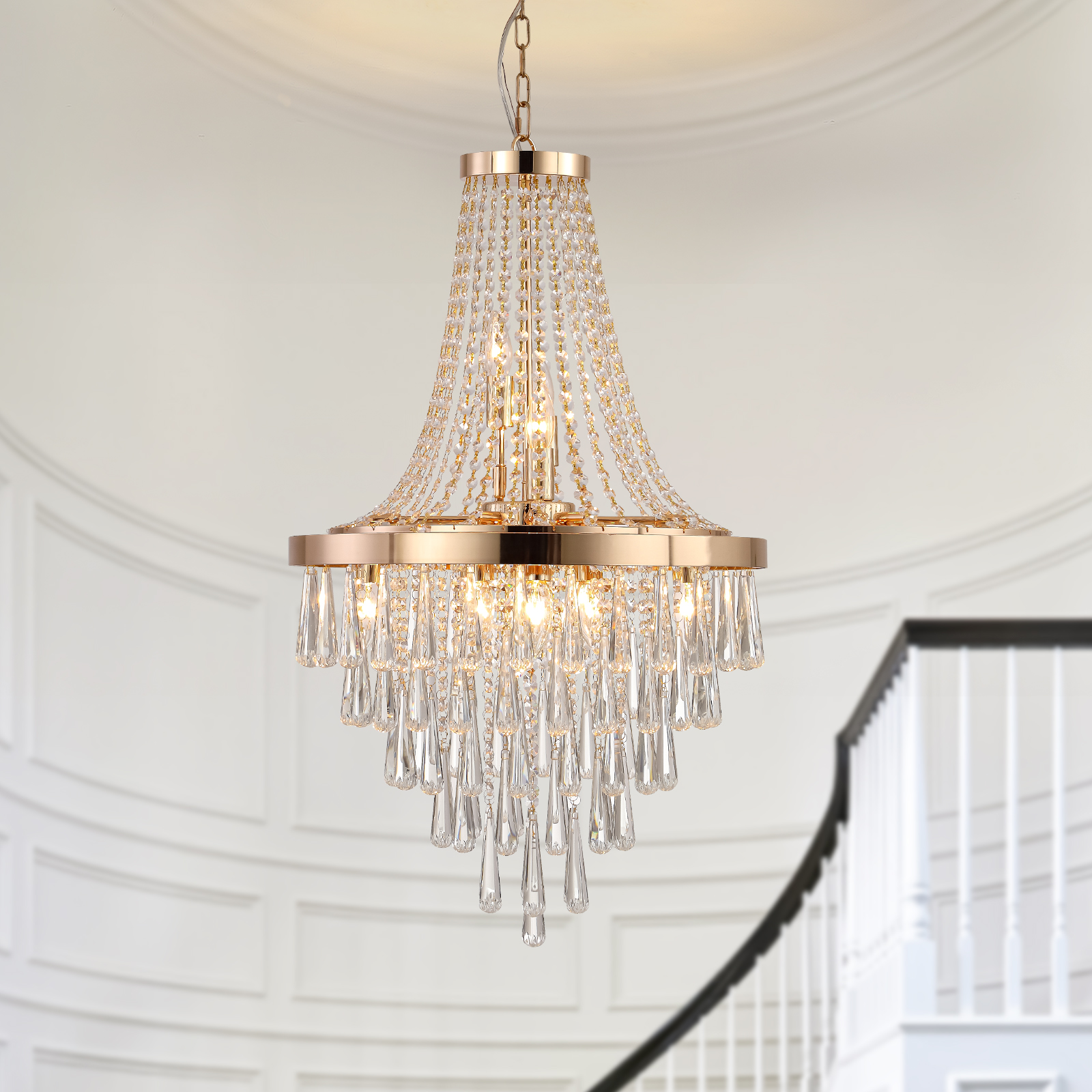 (Same as W1340102274/L5004) 20″ Modern Crystal Pendant Chandelier with Golden Finish – Elegant 11-Light Hanging Light Fixture Tiered Design for Dining Room, Living Room, or Entryway (No Bulbs)