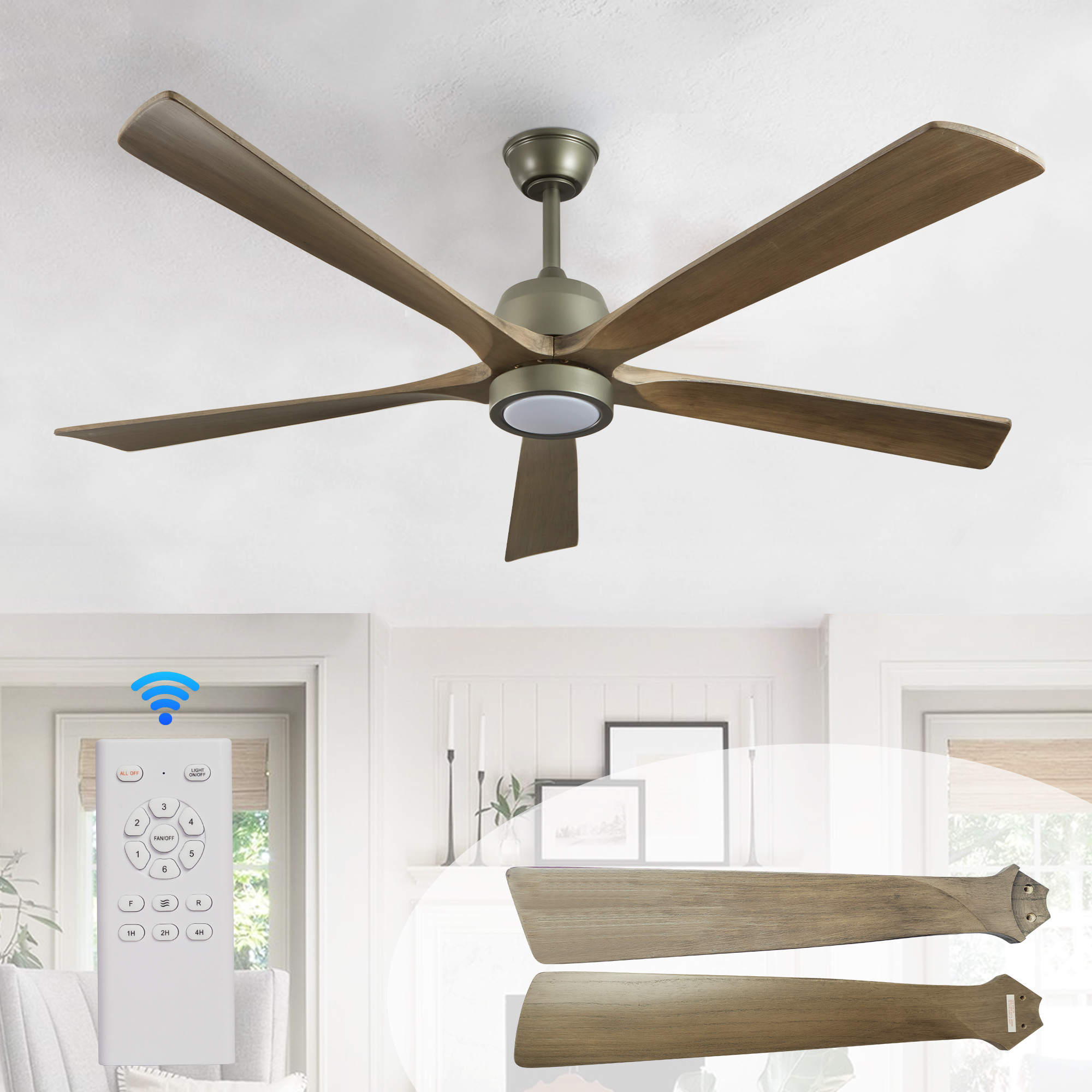 60″ Modern Wood Ceiling Fan with Light and Remote Control,6-Speed Noiseless Reversible DC Motor, Ceiling Fan for Kitchen Dinning Living Room