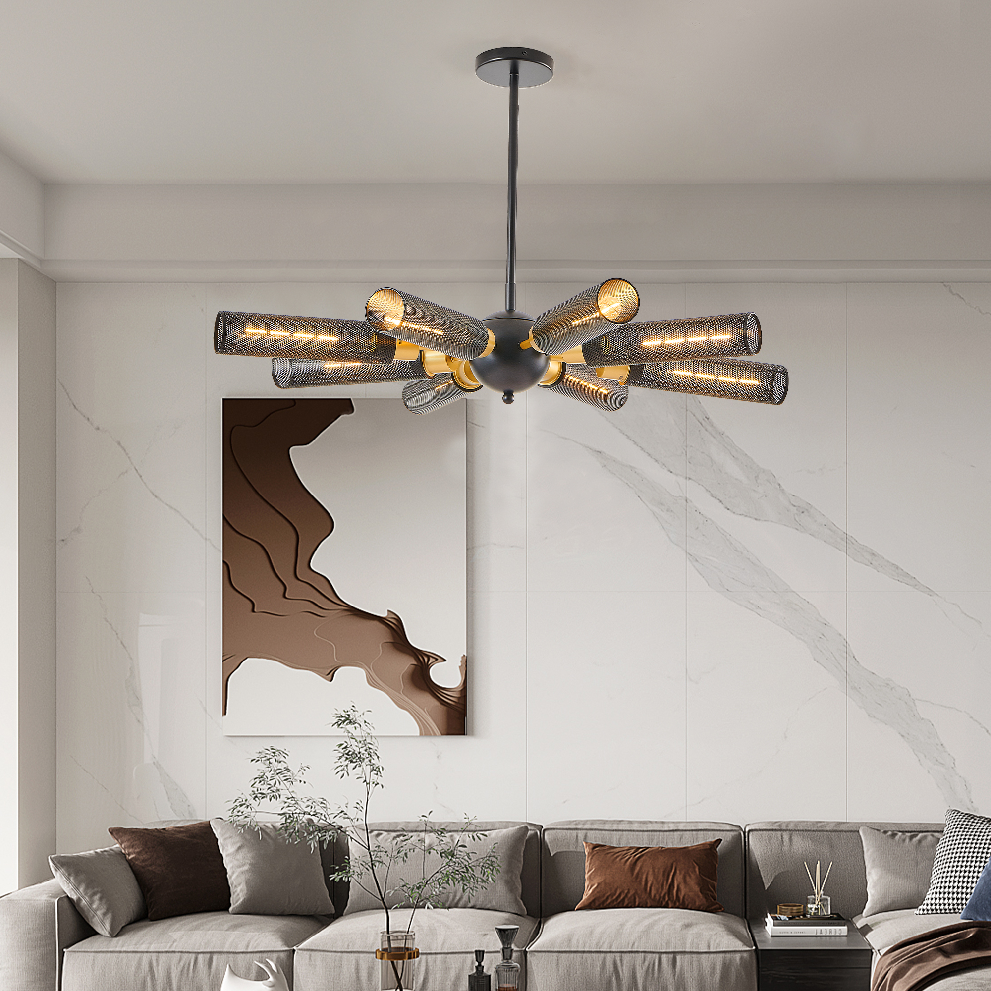 34″ Modern Industrial Sputnik Chandelier, 8-Light Black and Gold Metal Pendant Light with Mesh Shades, E26 Base, Adjustable Height for Dining Room, Living Room, or Kitchen Island (Bulb Not Included)