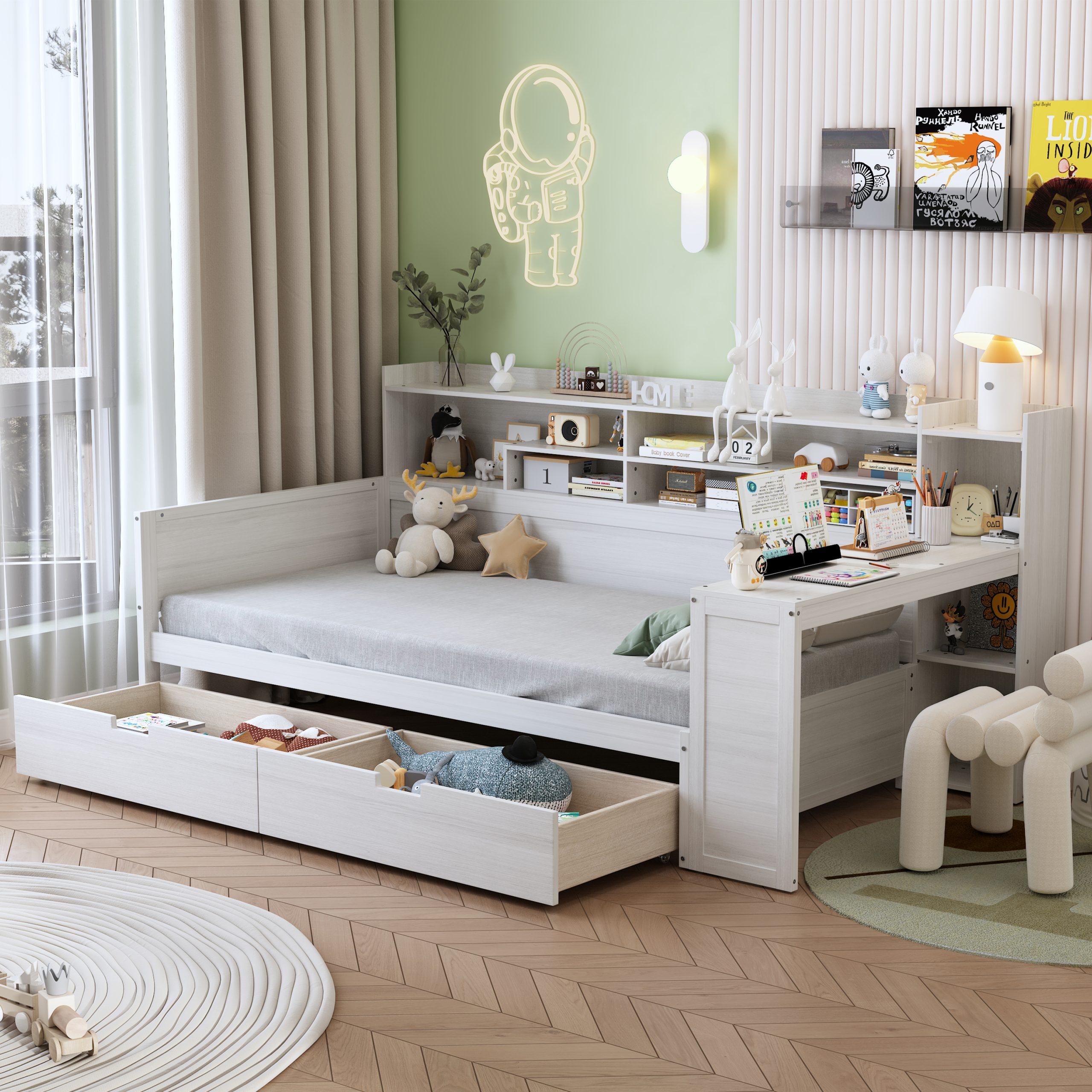 Wooden Twin Size Daybed with Storage Shelves, Multi-functional Bed with Two Storage Drawers and  Study Desk, Antique White (Old SKU: HL000189AAK)