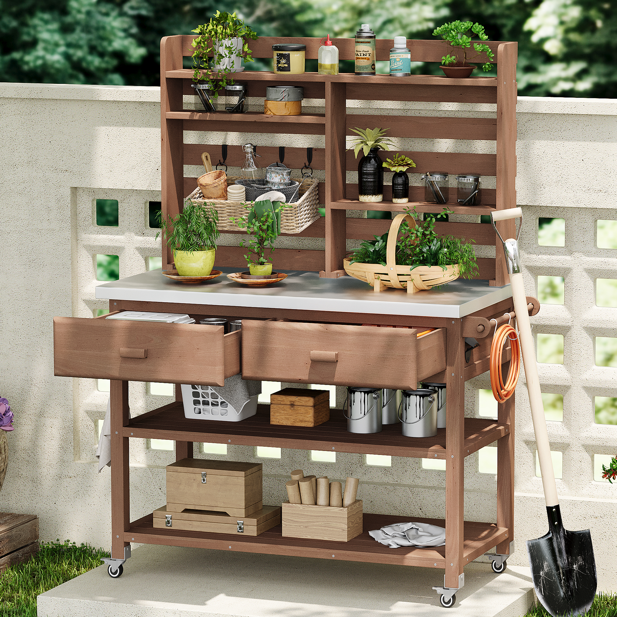 K&K 64.9″H Outdoor Potting Bench Table with Lockable Wheels, Solid Wood Outdoor Kitchen Island with Upper Hutch, Stainless Steel Top, Towel Rack ,Outdoor Storage for Grilling, Lawn Garden -Brown