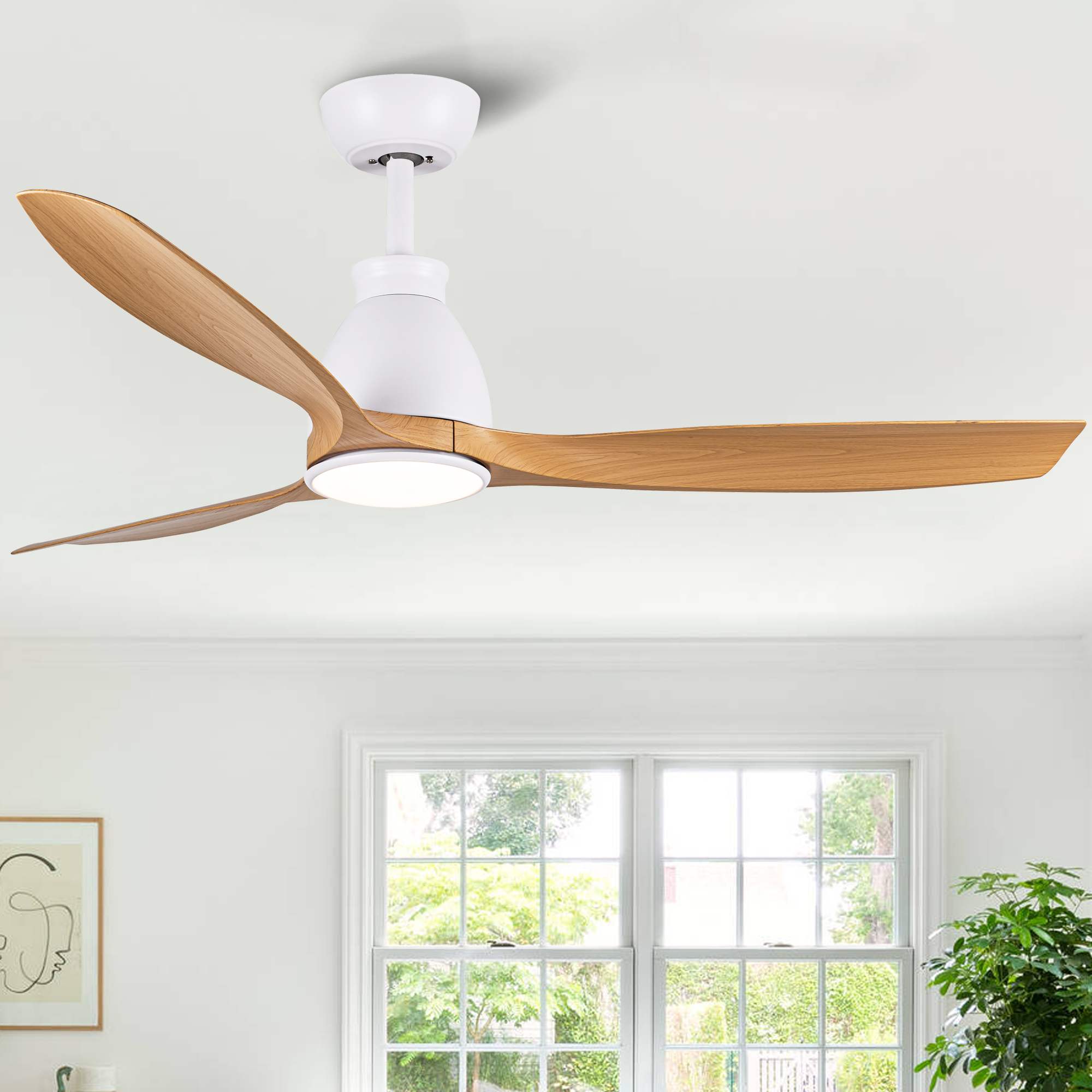 YUHAO 52 inch Indoor Ceiling Fan with Intergrated LED – Matte White with Antique Brown Wood Grain Blade
