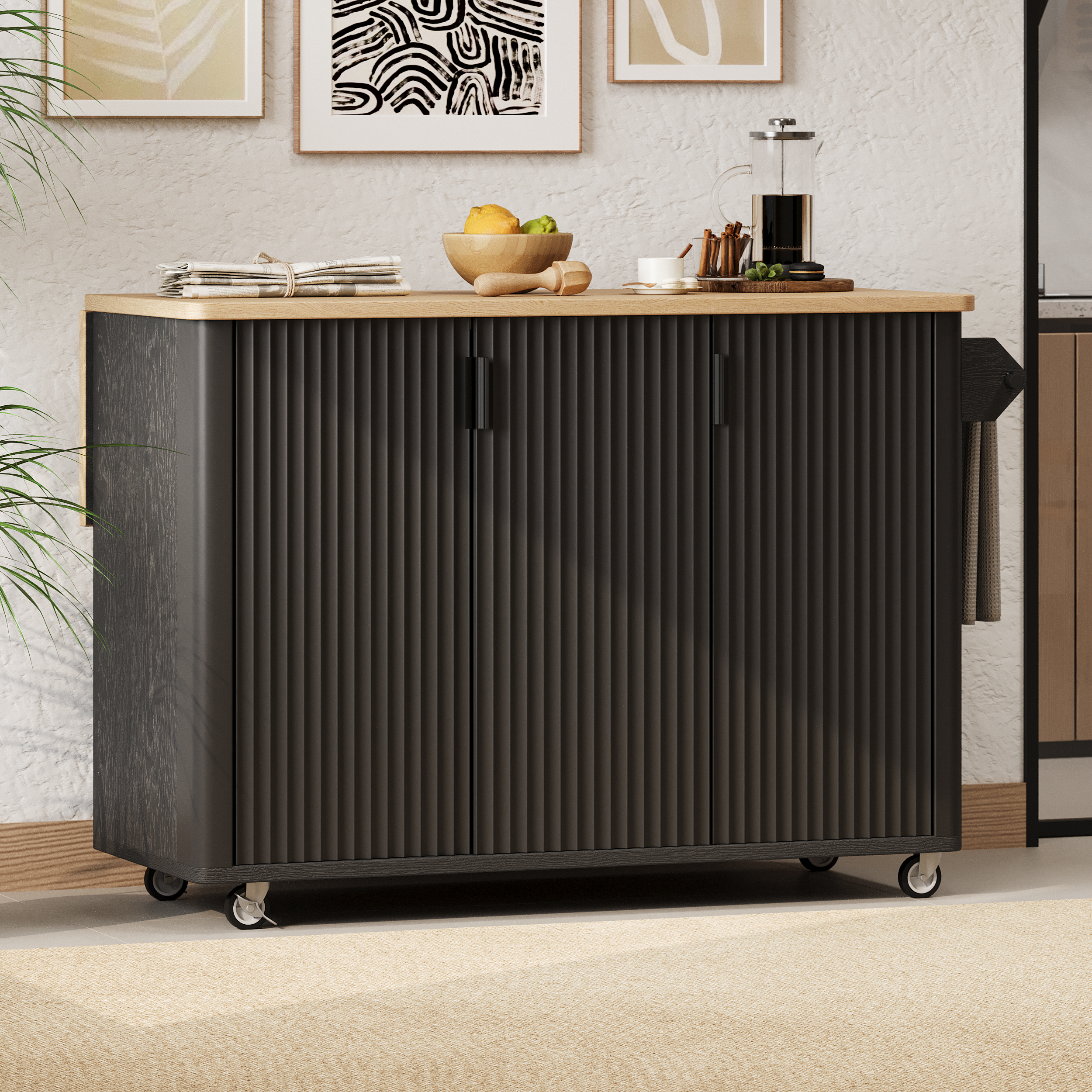 K&K 51″ Fluted Kitchen Island with Drop Leaf, Farmhouse Accent Kitchen Island on Wheels with Internal Storage Rack, Rolling Kitchen Cart with Towel Rack for Kitchen, Dining Room, Black Ash