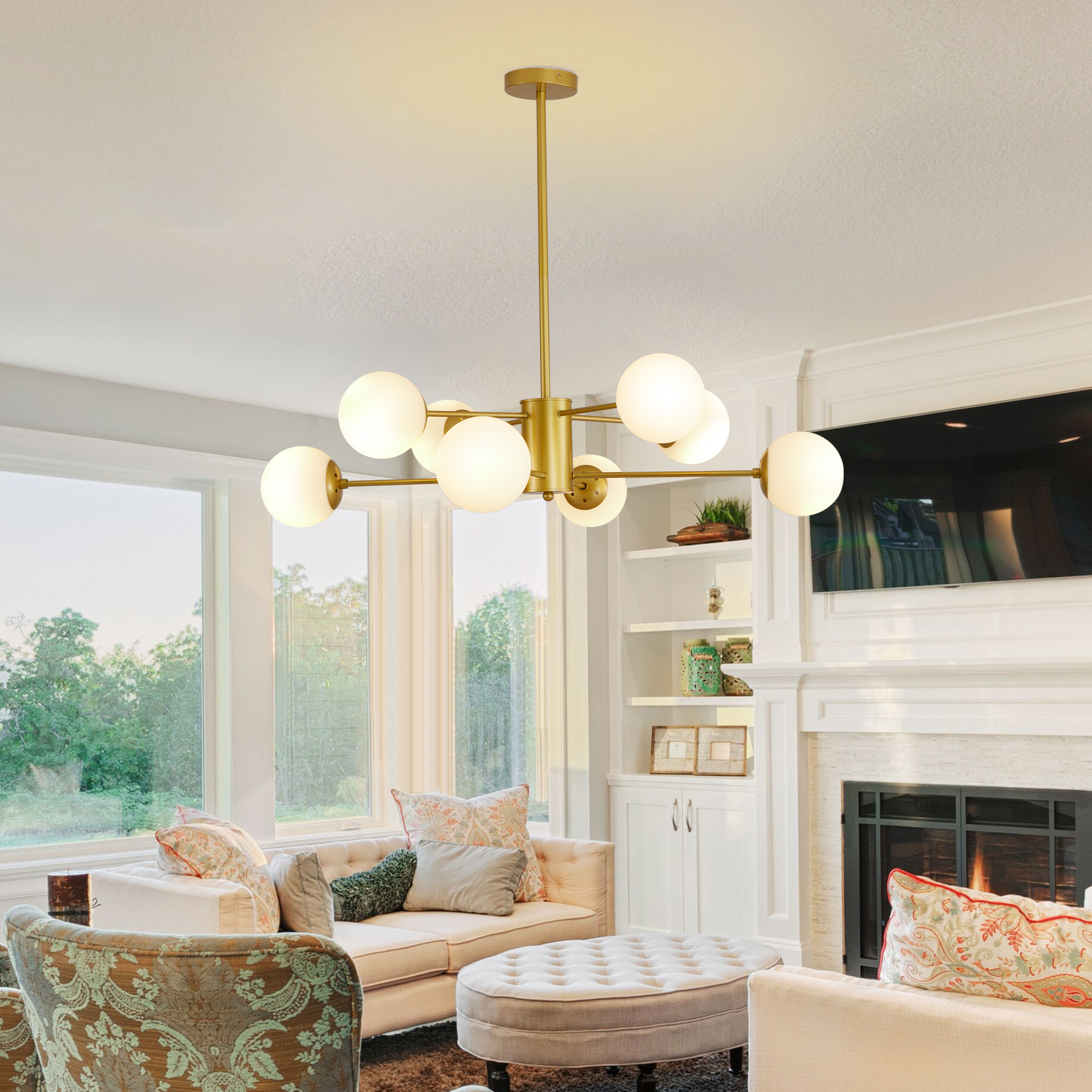 35″ Modern 8-Light Gold Chandelier with White Glass Globe Shades, Mid-Century Branching Design, Elegant Ceiling Light Fixture for Dining Room, Living Room, or Bedroom (No Bulbs)