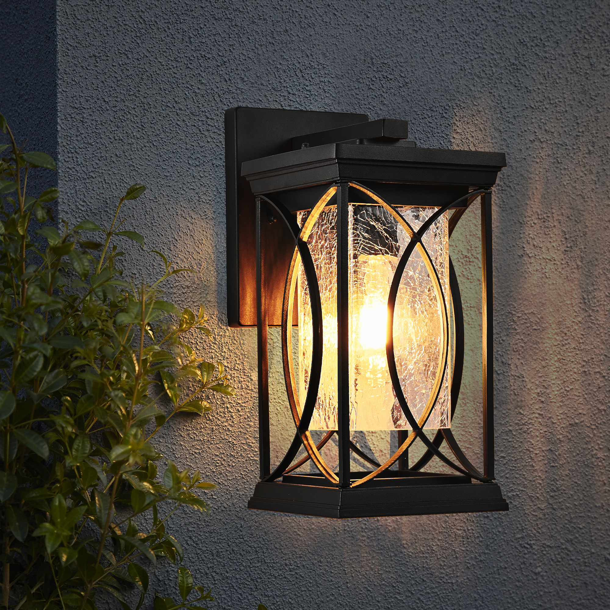 14″(H) 1-pack Black Outdoor Wall Lantern with Crackled Glass, Weather-Resistant Exterior Light Fixture for Porch, Patio, and Entryway, Modern Decorative Wall Sconce with E26 Base (Bulb Not Included)