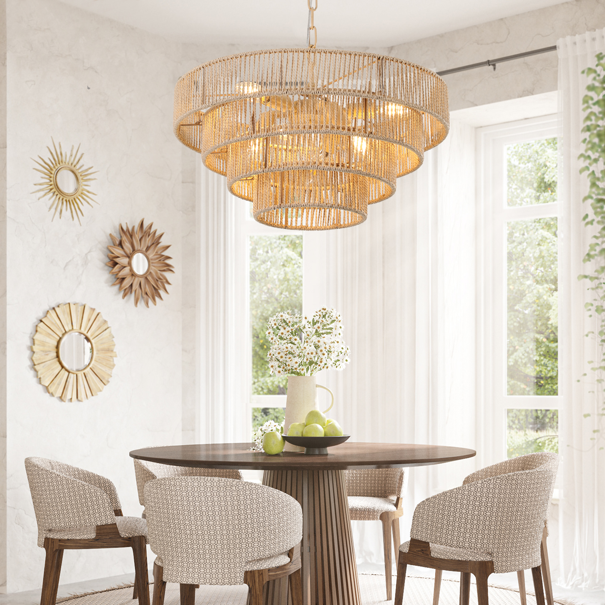 (Same as W1340P155976/L1019-4) 20″ Modern 4-Layer Woven Hemp Rope Chandelier, Boho Style Pendant Light, Elegant Hanging Light Fixture for Living Room, Dining Room, Bedroom (No Bulbs)
