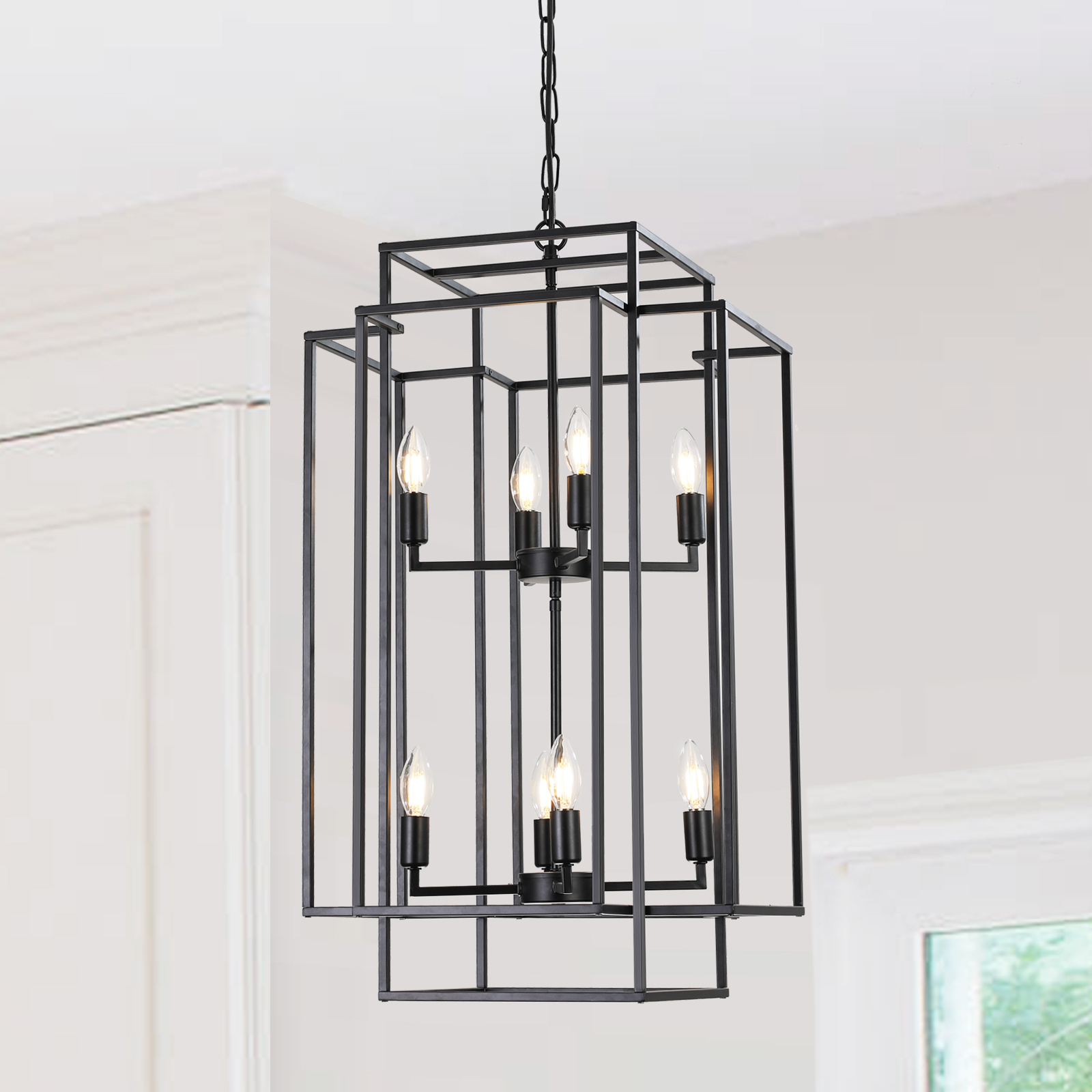 (Same as W1340142527/L1018-B) 18″ Modern 8-Light Black Geometric Pendant Chandelier, Industrial Metal Frame, Adjustable Hanging Light for Living Room, Dining Room, Kitchen (No Bulbs)
