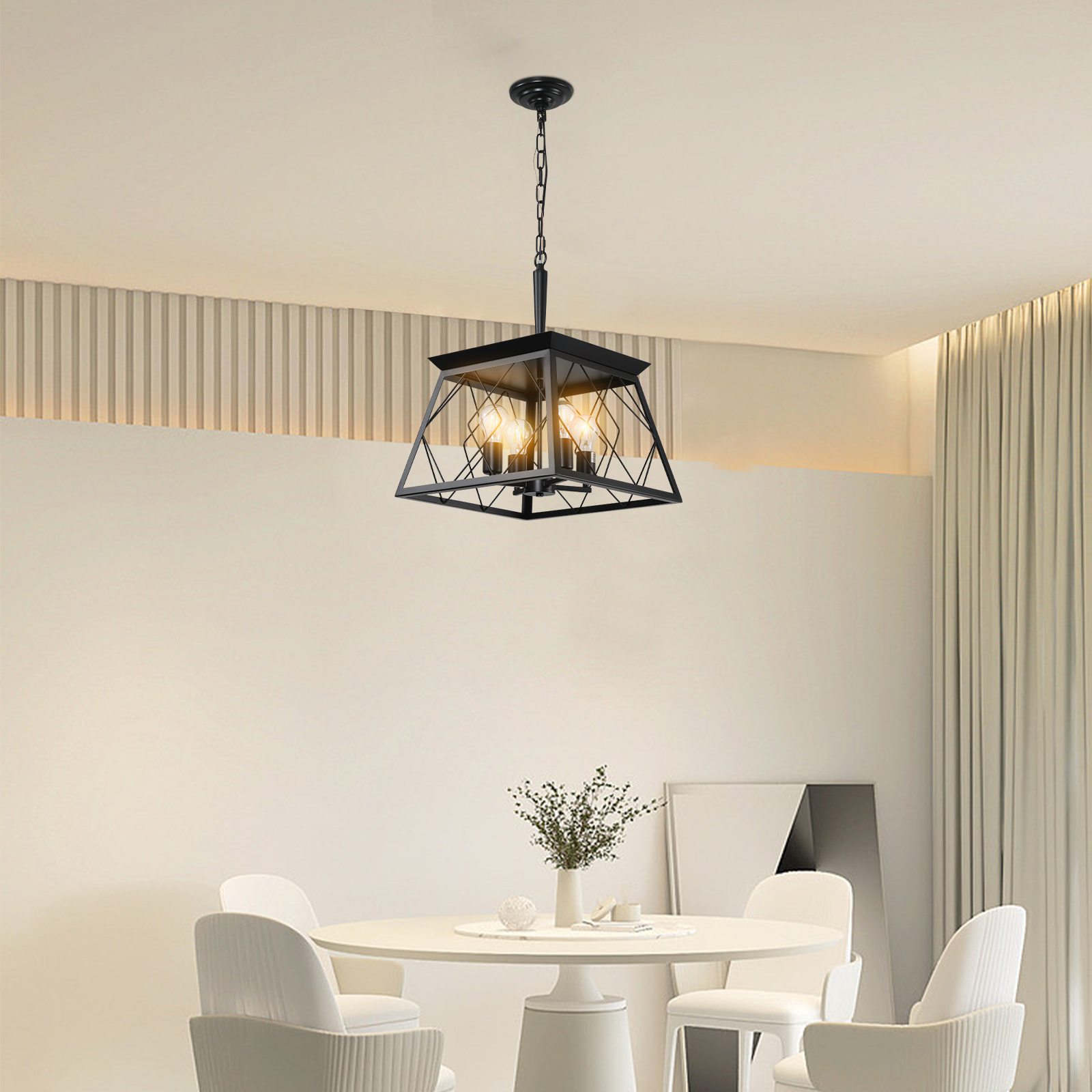 (Same as W1340111203/L1009) 16″ Black Industrial 4-Light Pendant Chandelier, Modern Metal Cage Design, Adjustable Hanging Light for Dining Room, Kitchen, Living Room (No Bulbs)