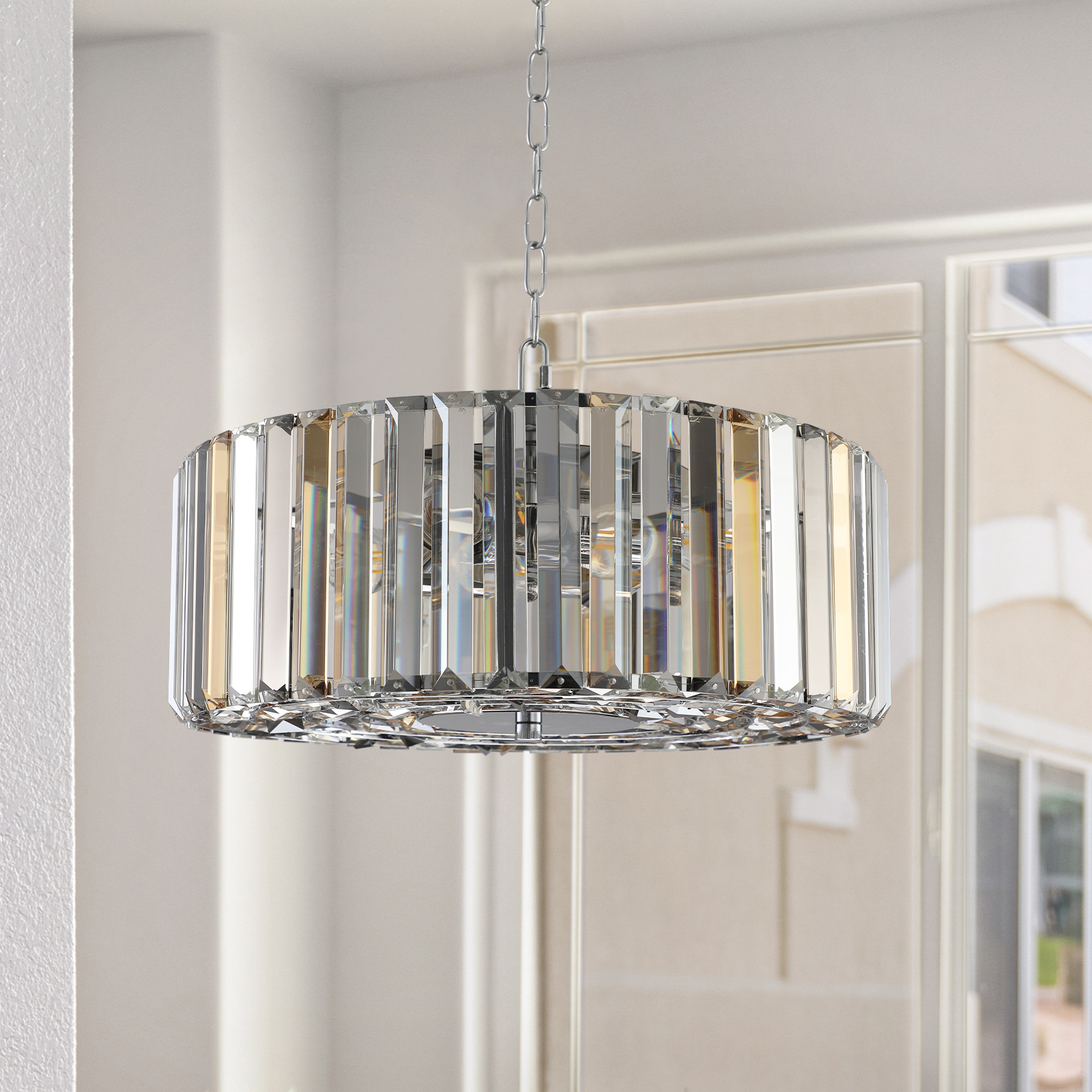 (Same as W1340120171/L5017) 17″ Chrome Crystal Pendant Chandelier, Modern Hanging Light Fixture with Adjustable Height, 4-Light E26 Base for Living Room, Dining Room, or Kitchen (No Bulbs)