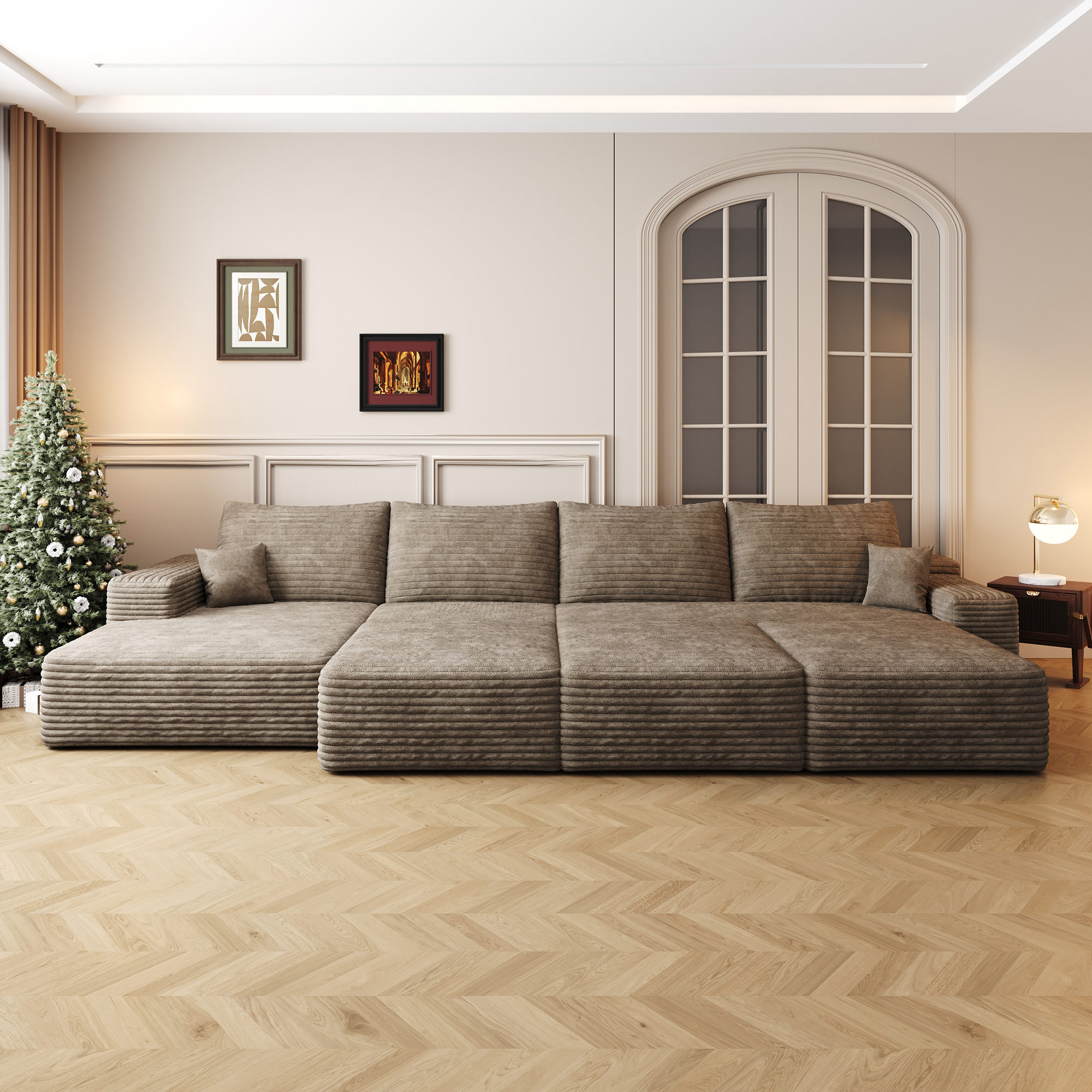 135″Large size modular cloud sofa 6 seats down sofa bed apartment living room sofa ,No Assembly Required,Camel(Plush Corduroy Fabric)