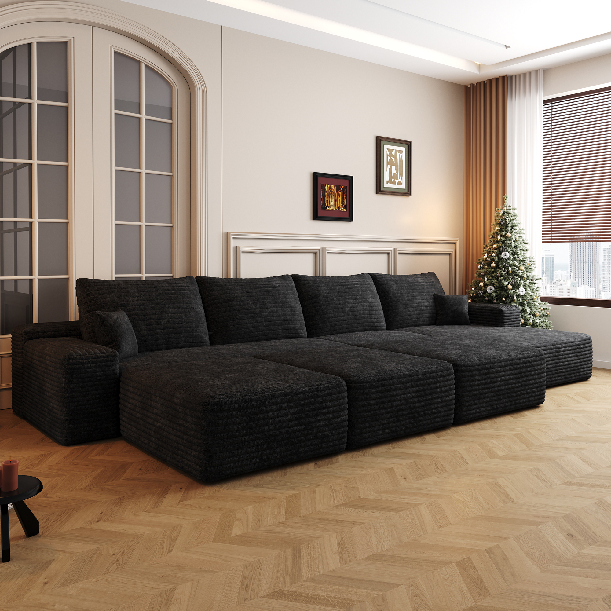 135″Large size modular cloud sofa 6 seats down sofa bed apartment living room sofa ,No Assembly Required,Black(Plush Corduroy Fabric)