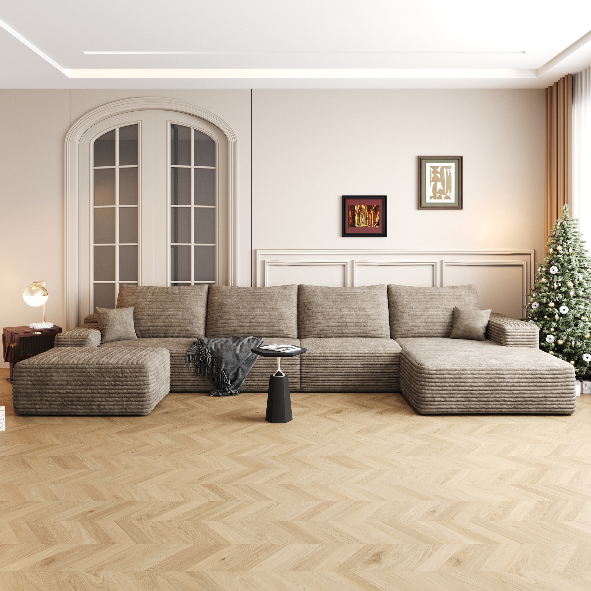 135″ Cloud Sectional Sofa with 1 Ottoman,Modern Minimalist Upholstered Couches, Comfort U Shaped Sofa for Living Room,Deep Seat Corner Couch,No Assembly Required,Camel(Plush Corduroy Fabric)
