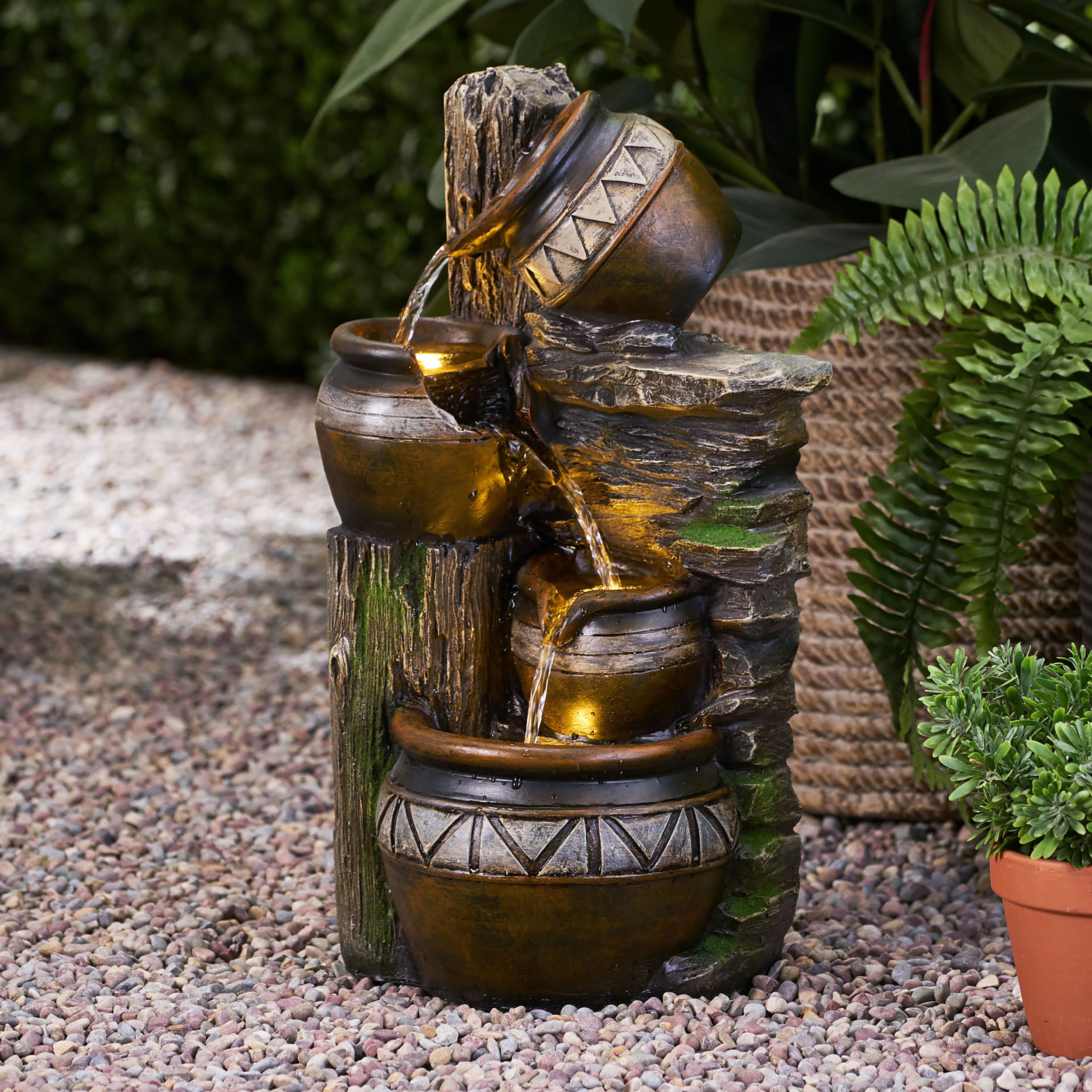19.75″ High Weather Resistant Floor Fountain with Light, 3 Tier Outdoor Fountain, Brown + Gray