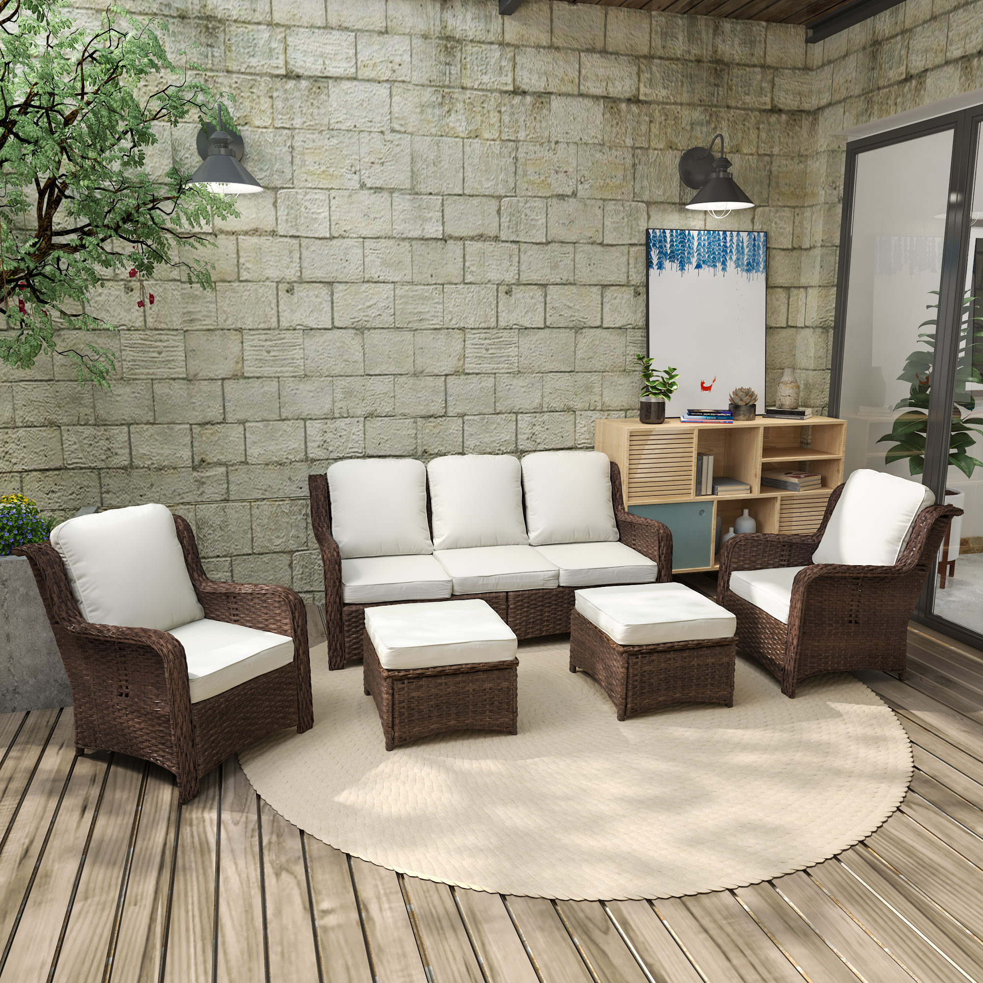 Patio Furniture Set Rattan Outdoor Sectional Conversation Sets 3-Seat Outdoor Couch,2 Single Chair and 2 Ottoman for Lawn, Balcony, Garden, Backyard (Bron-Off White, Set of 5)