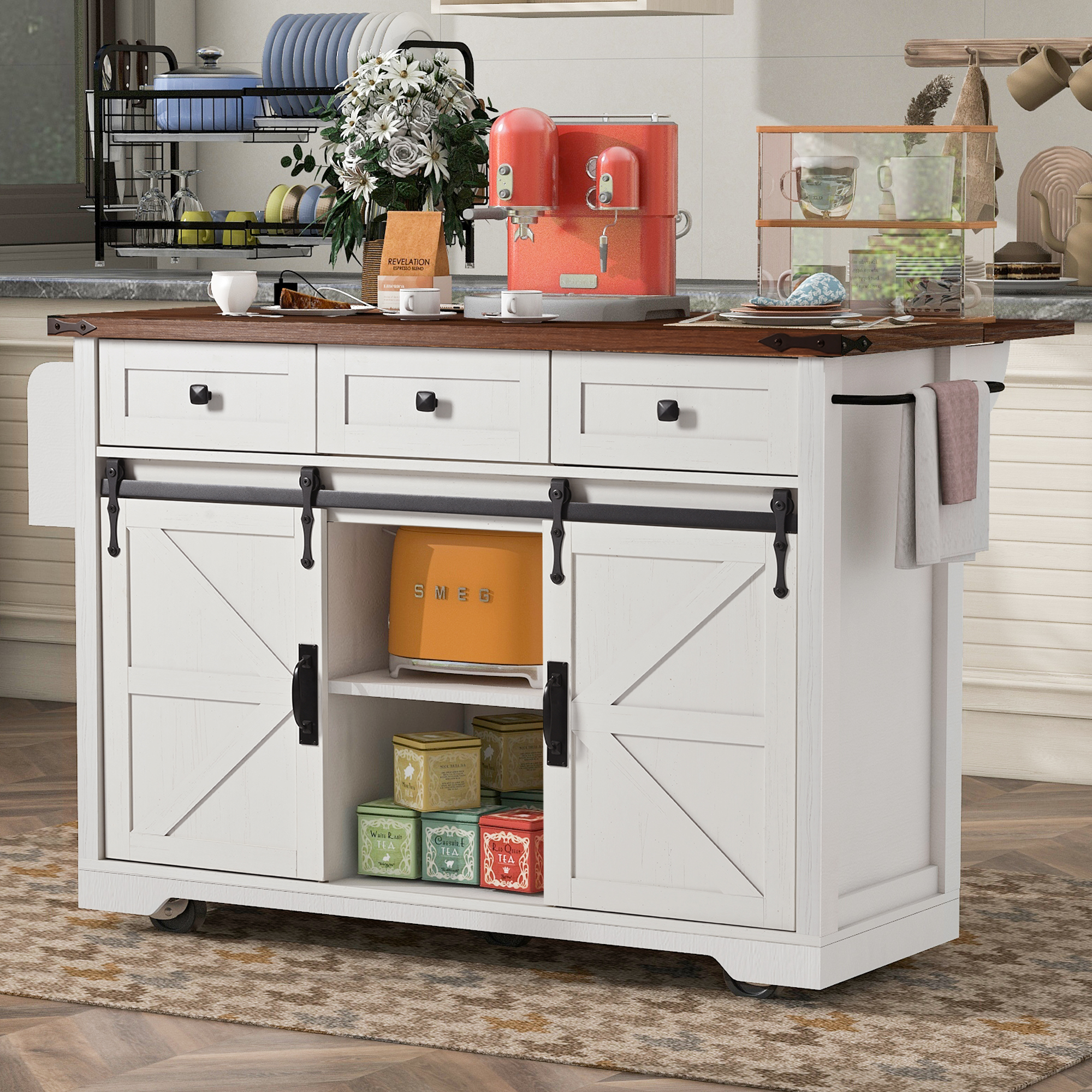 K&K 53.7″ Farmhouse Kitchen Island with Power Outlet, 2 Sliding Barn Door Kitchen Storage Island with Drop Leaf, Spice Rack Rolling Kitchen Cart on Wheels, for Home, Kitchen and Dining Room, White
