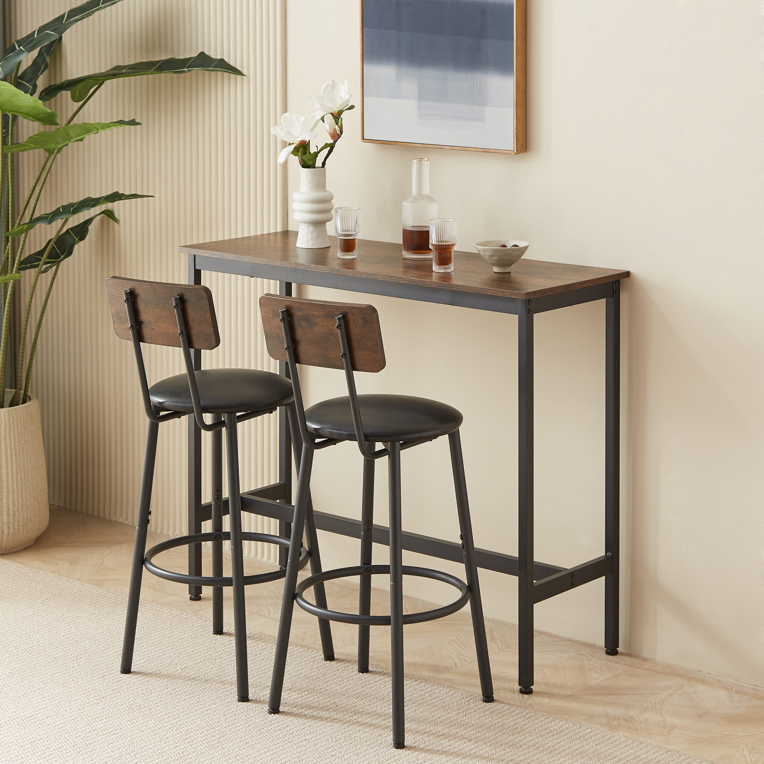 Bar Table Set with 2 Bar stools PU Soft seat with backrest, Rustic Brown, 43.31” L x 15.75” W x 35.43” H.